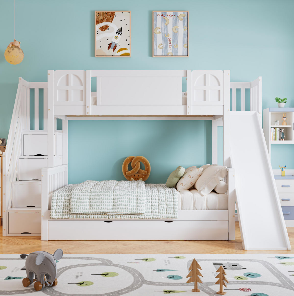 ETAGENBETT 90/120x200 cm mit Rutsche, Stauraumtreppe und Fensterdesign, Weiß - Weiß, Holzwerkstoff (90/200cm) - Redom