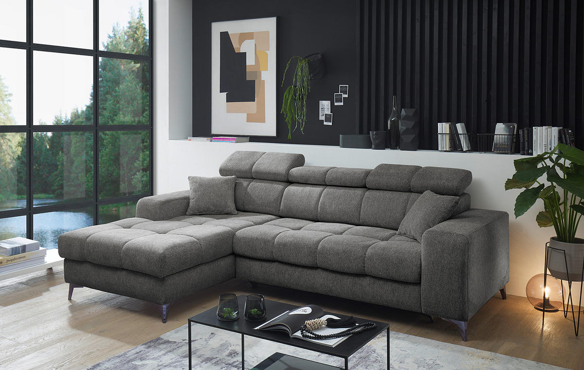 ECKSOFA mit Longchair - Kopfstütze verstellbar, Schlaffunktion, Bettkasten - Anthrazit/Schwarz, Kunststoff/Textil (268/172cm) - home24