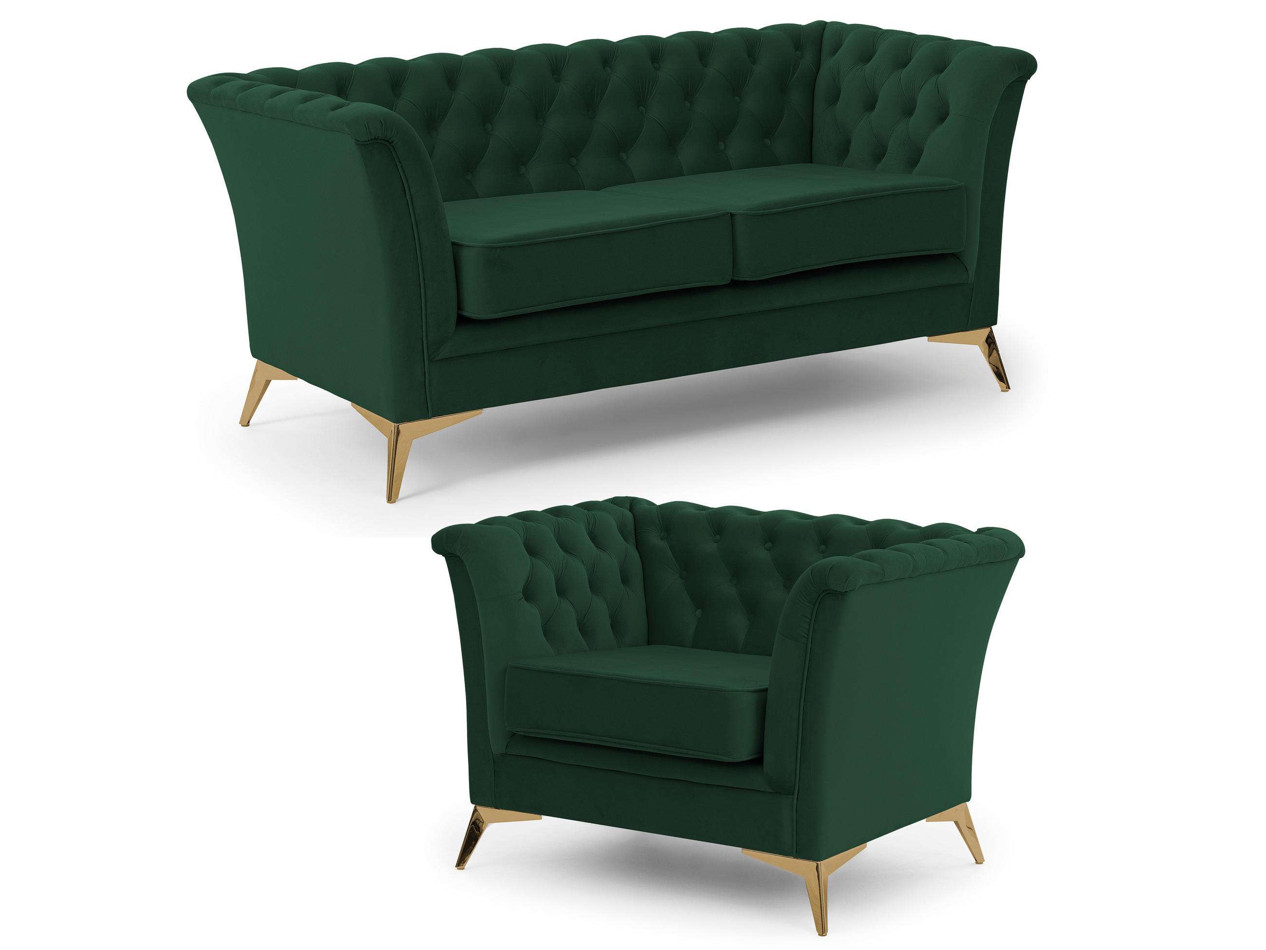 SITZGARNITUR 2+1 Chesterfield Whitby Flaschengrün Samt mit goldenen Füßen - Dunkelgrün/Goldfarben, Holz/Textil (175/78/82cm) - S-Style Möbel