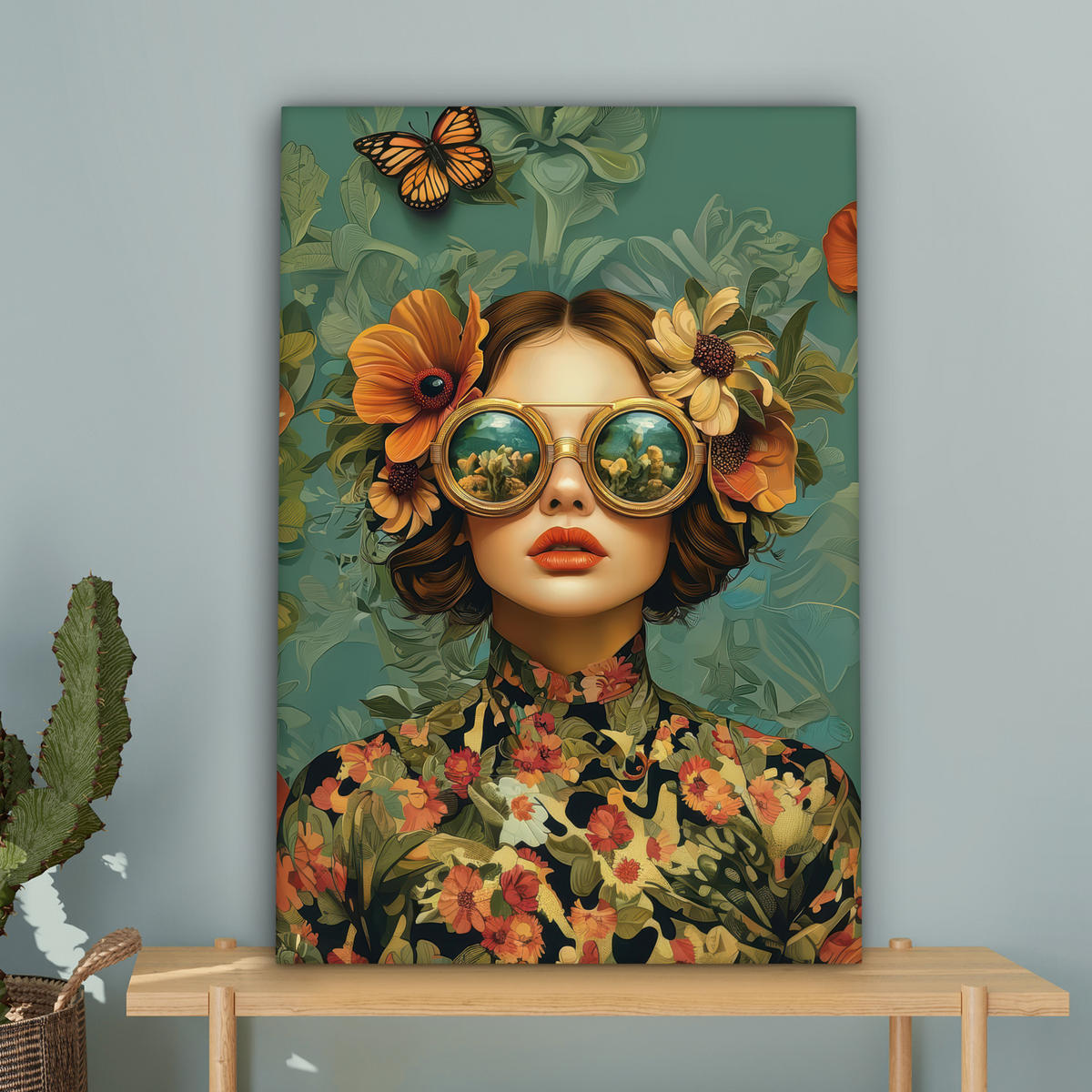 LEINWANDBILD Frau - Blumen - Schmetterlinge - Natur - Vintage Wanddeko Schlafzimmer 60x90 cm - Salbeigrün, Textil (60/90cm) - MuchoWow
