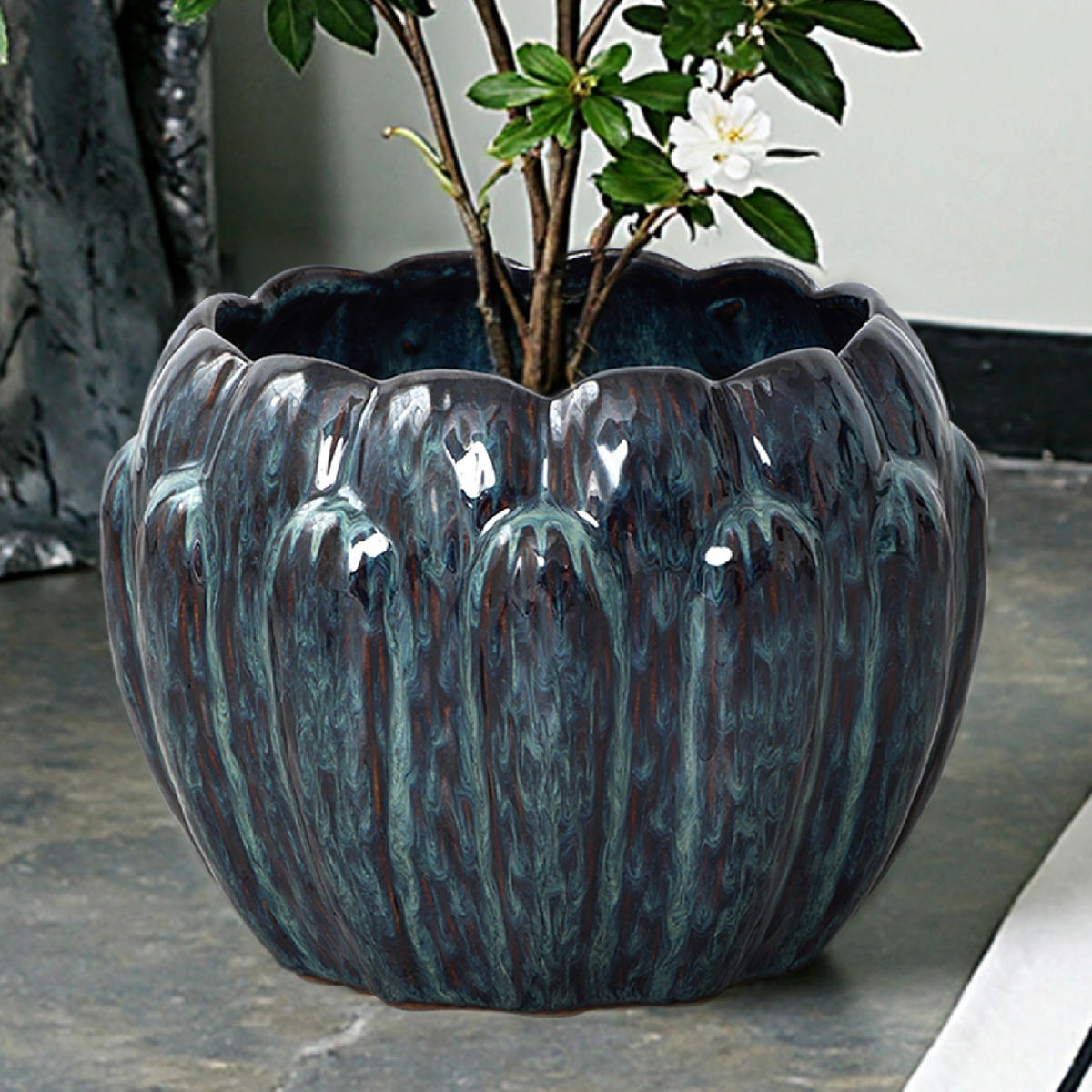 KERAMIK-BLUMENTOPF blau, Ø 24 × H 18 cm - Blau, Keramik (18.3cm) - Hometopia