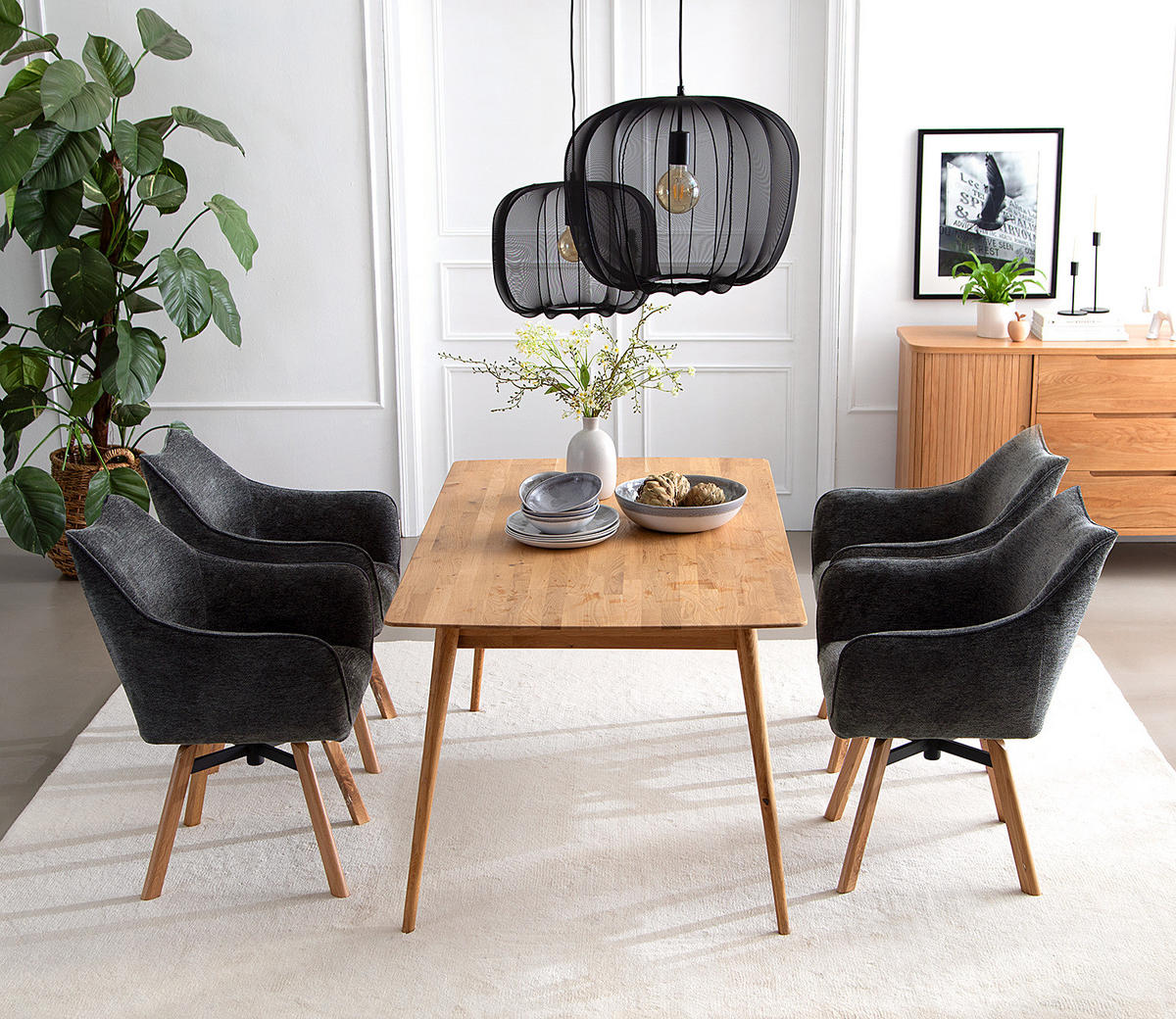 DREHBARER ARMLEHNENSTUHL - Schwarz - Chenille - Eiche - 63 x 88 x 62 cm - Eichefarben/Anthrazit, Holz/Textil (63/88/62cm) - home24