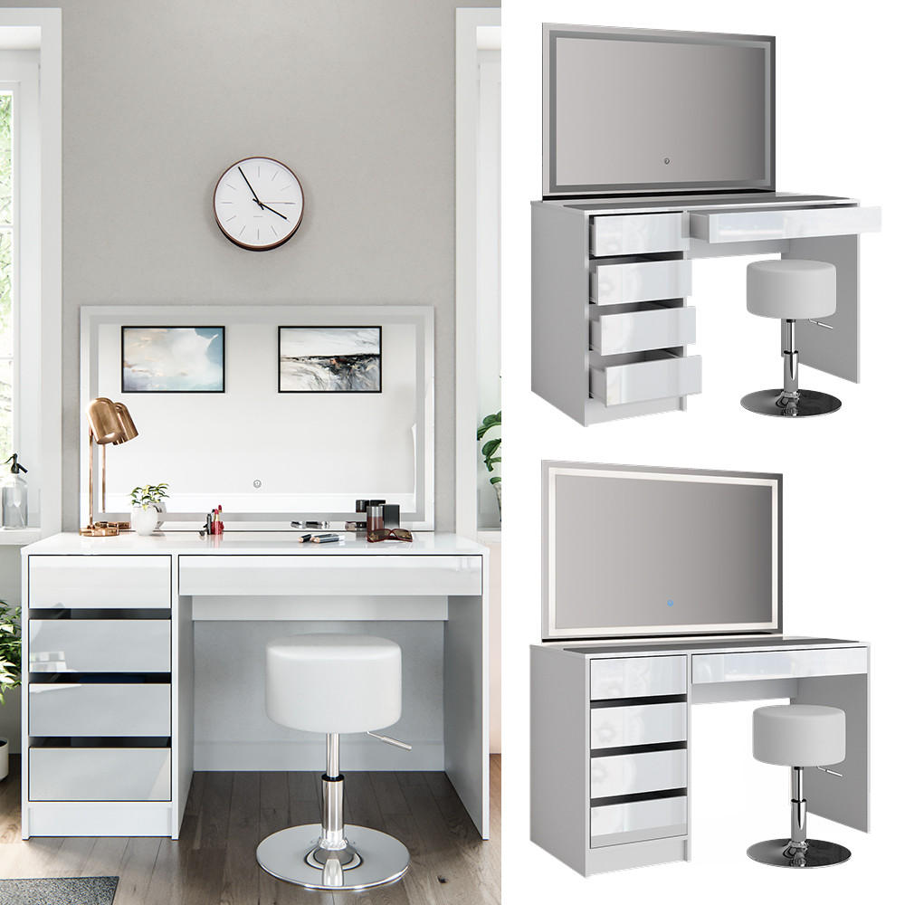 SCHMINKTISCH Sherry Weiß 120 cm mit LED-Spiegel und Hocker - Weiß, Holzwerkstoff (120/75/55cm) - Vicco