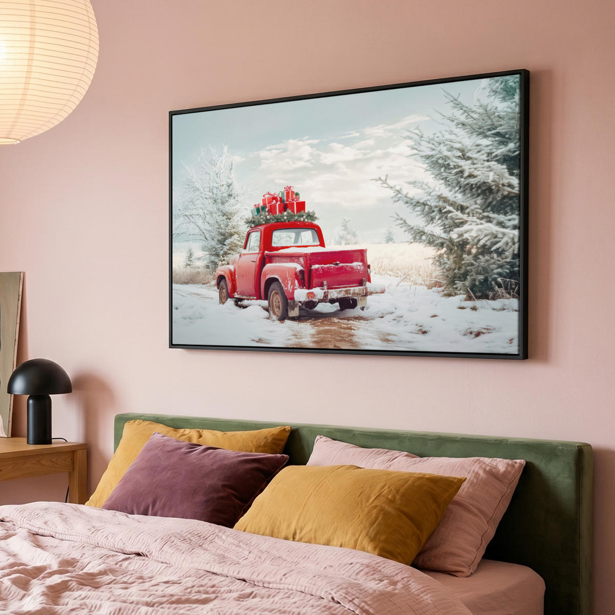 LEINWAND Bilder mit Rahmen - Auto - Rot - Geschenke - Winter - Schnee - Weihnachten - 120x80 - Rot, Textil (120/80cm) - MuchoWow