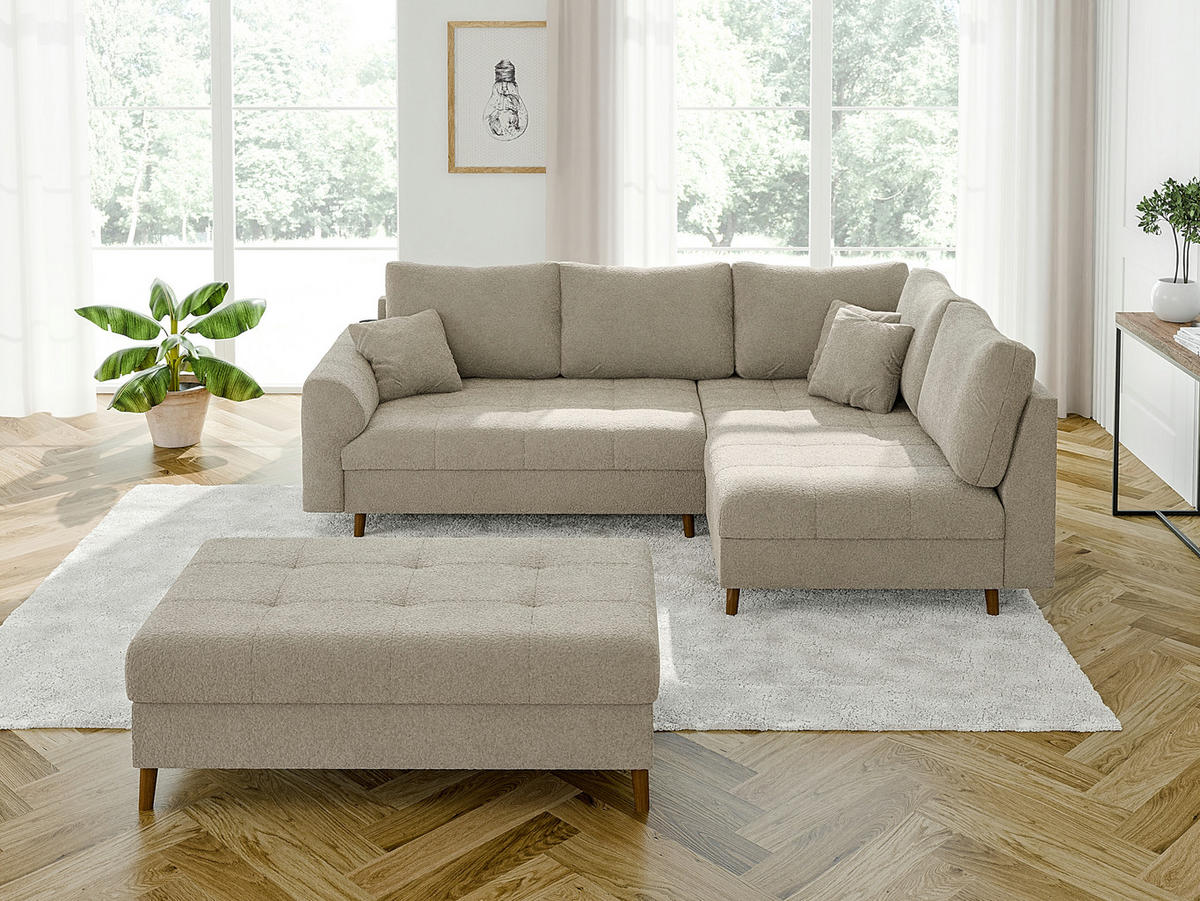ECKSOFA inkl. Hocker Henrik Beige Boucle - Ottomane rechts - Beige/Braun, Holz/Textil (231/161cm) - S-Style Möbel