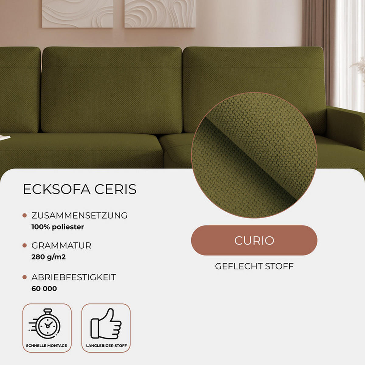 ECKSOFA CERIS mit Schlaffunktion und Bettkasten Olivgrün - Olivgrün, Holzwerkstoff/Kunststoff (250/160cm) - Idohome