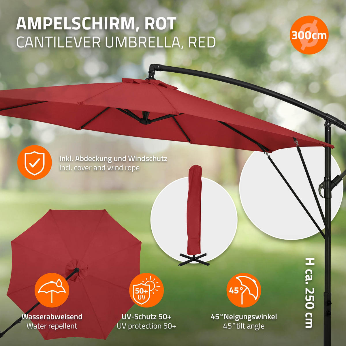 AMPELSCHIRM Ø 300 cm in Rot aus Aluminium - Rot, Metall (300/300cm) - ML-DESIGN