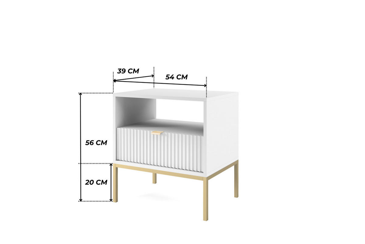 WEISSER Moderner Geriffelter Nachttisch KIOTO SN1SZ (Gold Gestell, Vollauszug) - Goldfarben/Weiß, Holz/Holzwerkstoff (54/56/39cm) - Ravio