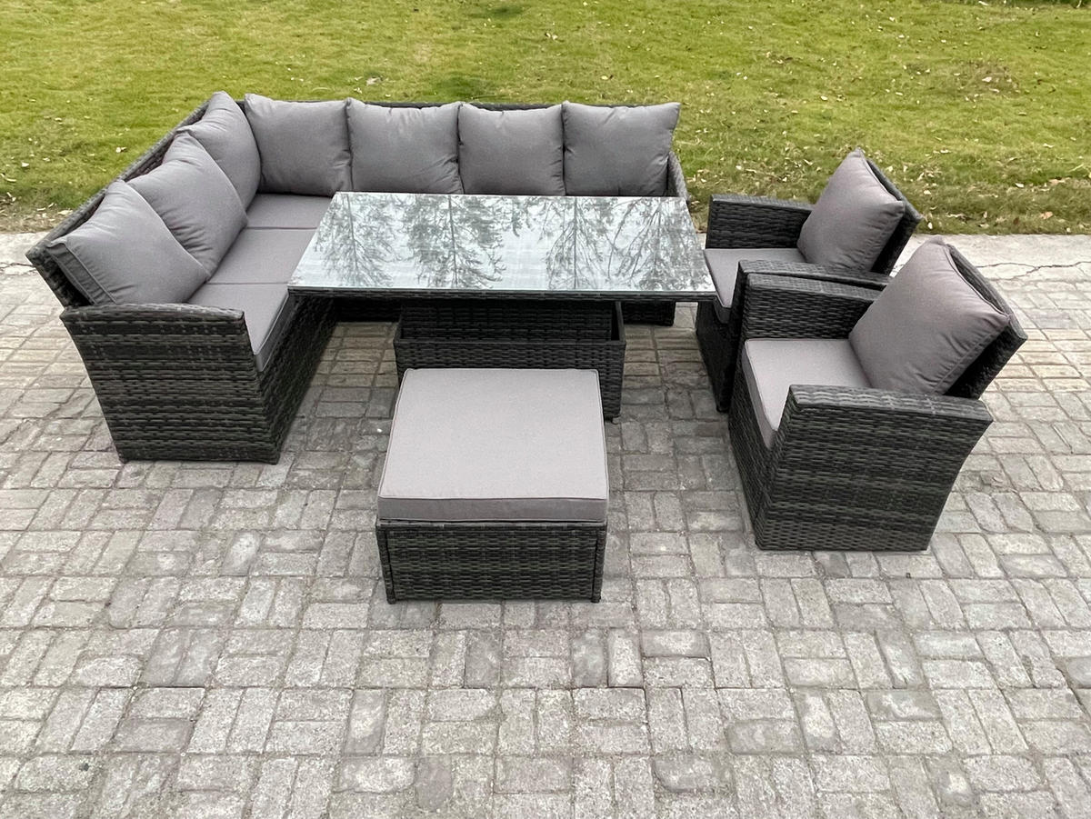 GARTENSET mit Höhenverstellbarer Tisch, Fußhocker, 2 Stühle Polyrattan Dunkelgrau 9-Sitzer - Dunkelgrau/Grau, Glas/Kunststoff - Fimous