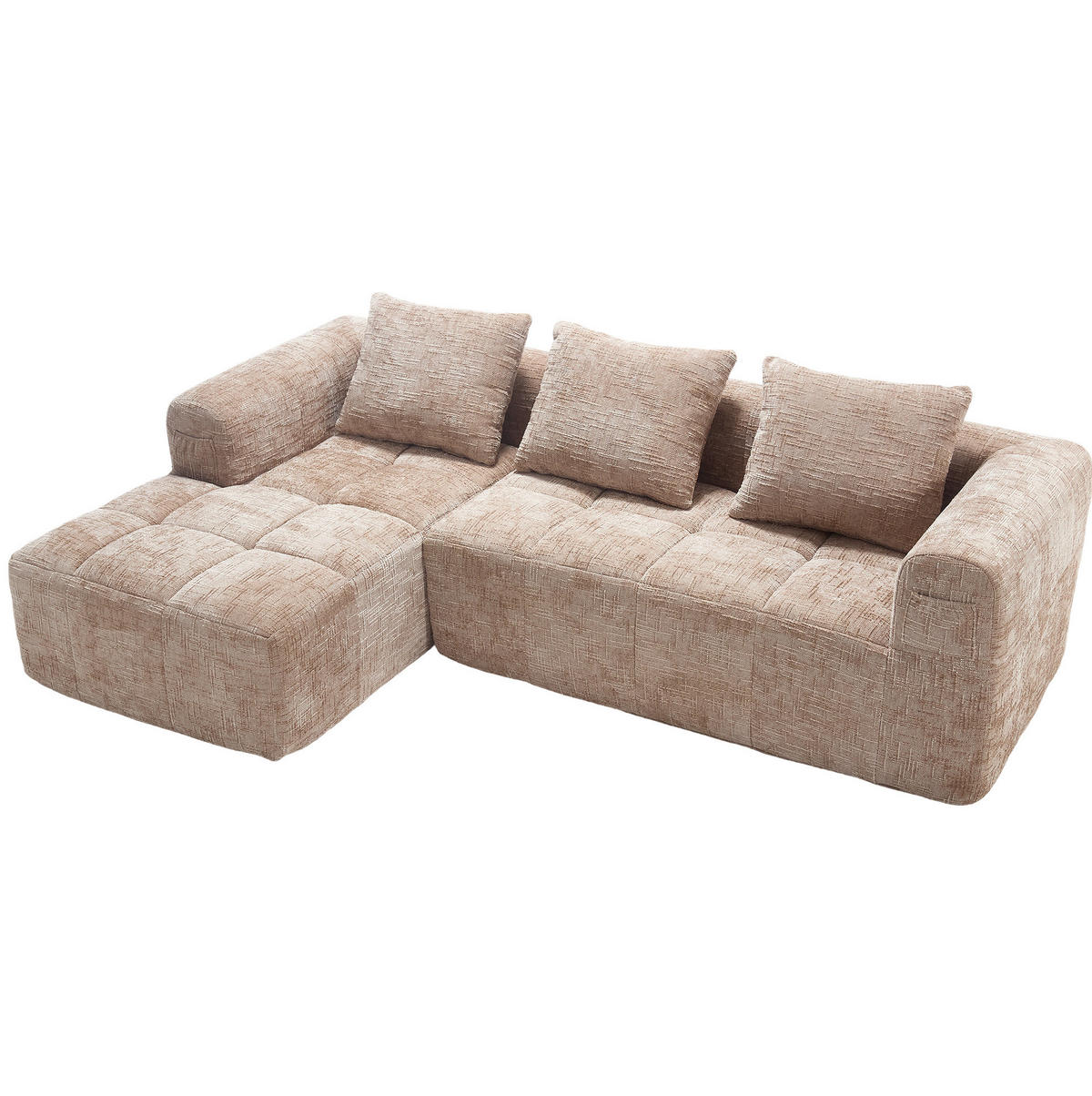 ECKSOFA 250/158/60 cm ohne Montage mit Chaiselongue, Seitentaschen und 3 Kissen aus Chenille, Khaki - Naturfarben, Textil (158/250cm) - Redom
