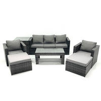 GARTENMÖBEL-SET COUCHTISCH SESSEL SOFA mit HOCKER Polyrattan Dunkelgrau Gemischt 7-Sitzer - Dunkelgrau/Grau, Glas/Kunststoff - Fimous