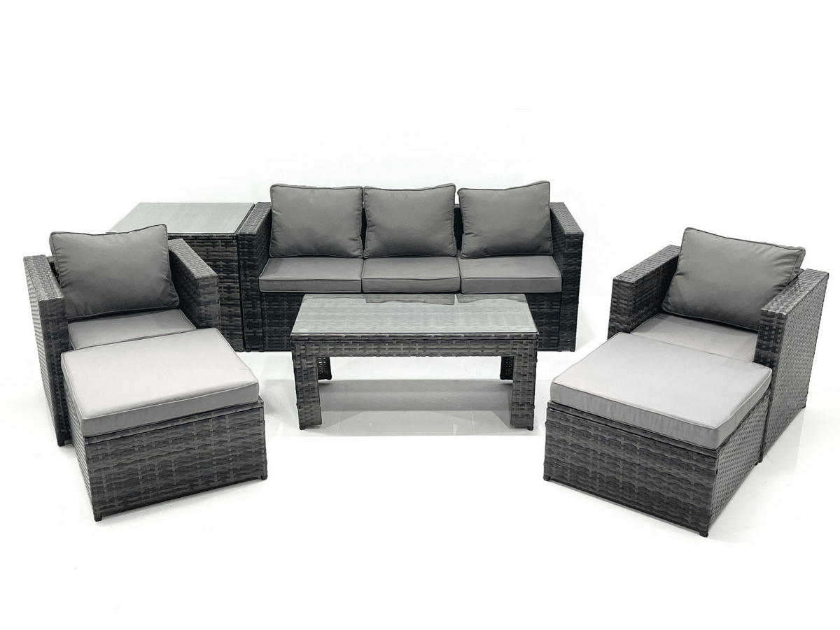 GARTENMÖBEL-SET COUCHTISCH SESSEL SOFA mit HOCKER Polyrattan Dunkelgrau Gemischt 7-Sitzer - Dunkelgrau/Grau, Glas/Kunststoff - Fimous