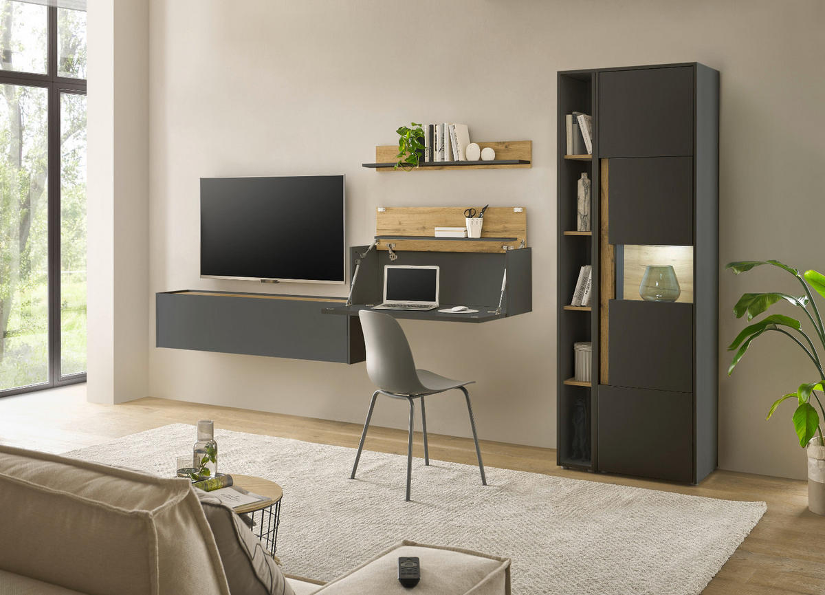 WOHNWAND grau matt, Eiche Wotan 340 cm, Schrankwand mit Sekretär - Eiche Wotan/Grau, Glas/Holzwerkstoff (340/200/40cm) - Furn.Design