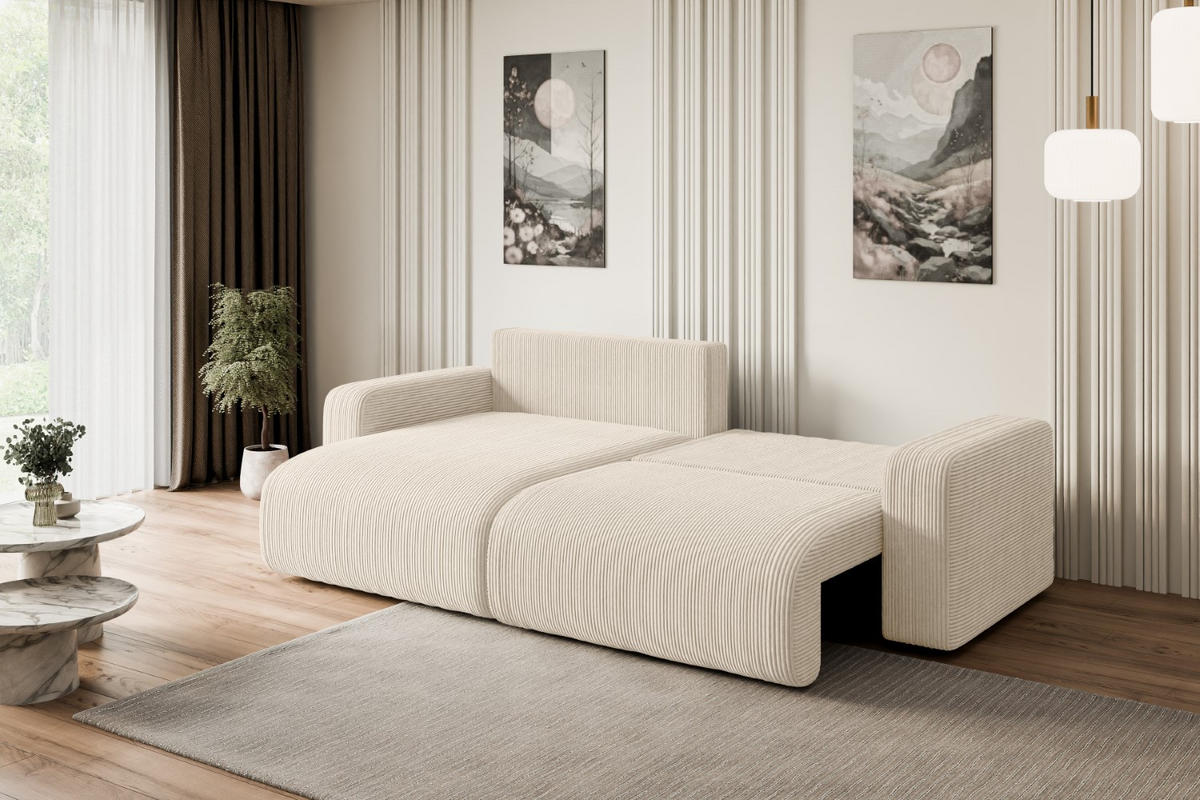 ECKSOFA mit Schlaffunktion und Bettkasten KLEEA-L - 247x143x83 cm Beige Cord - Beige/Schwarz, Holzwerkstoff/Kunststoff (247/143cm) - ALTDECOR