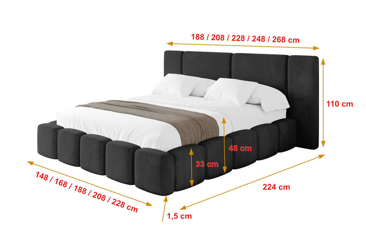 POLSTERBETT mit Bettkasten und Lattenrost, Bett mit Matratze H3/H4 - NILO 140x200 Schwarz - Schwarz, Holzwerkstoff/Textil (140/200cm) - ALTDECOR