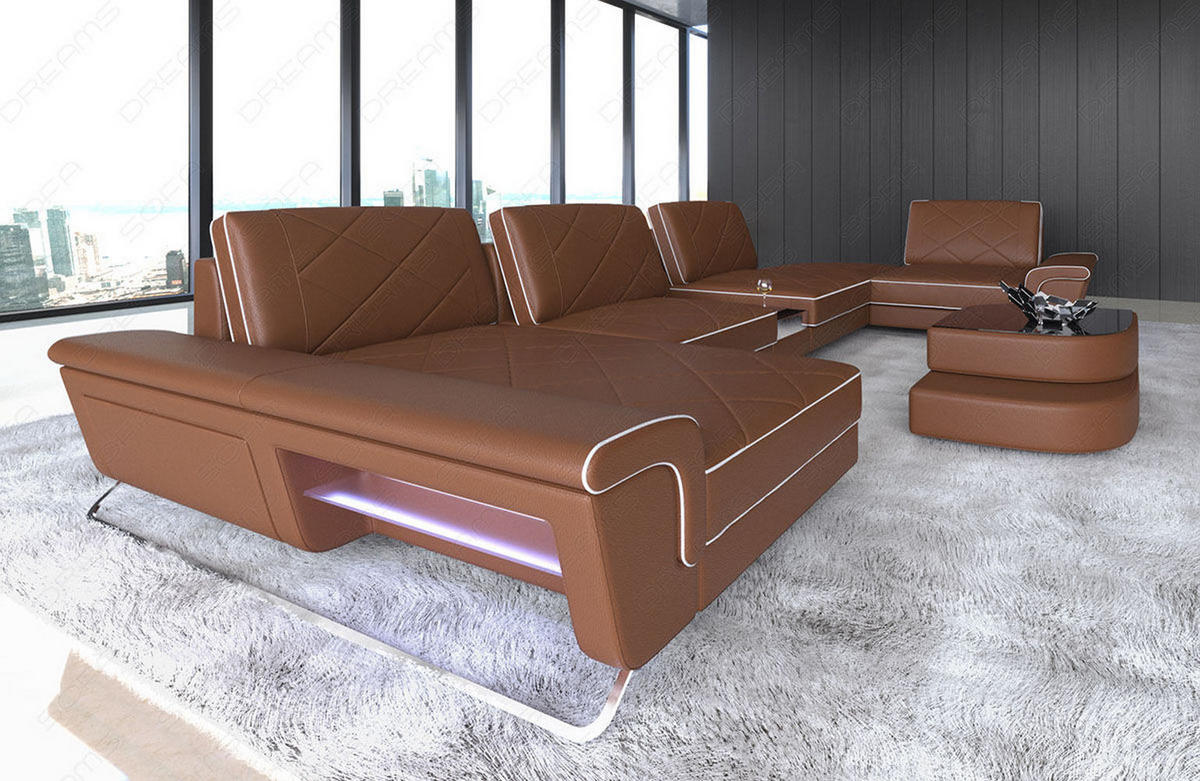 WOHNLANDSCHAFT Bari U - Hellbraun, Leder (456/89/243cm) - Sofa Dreams