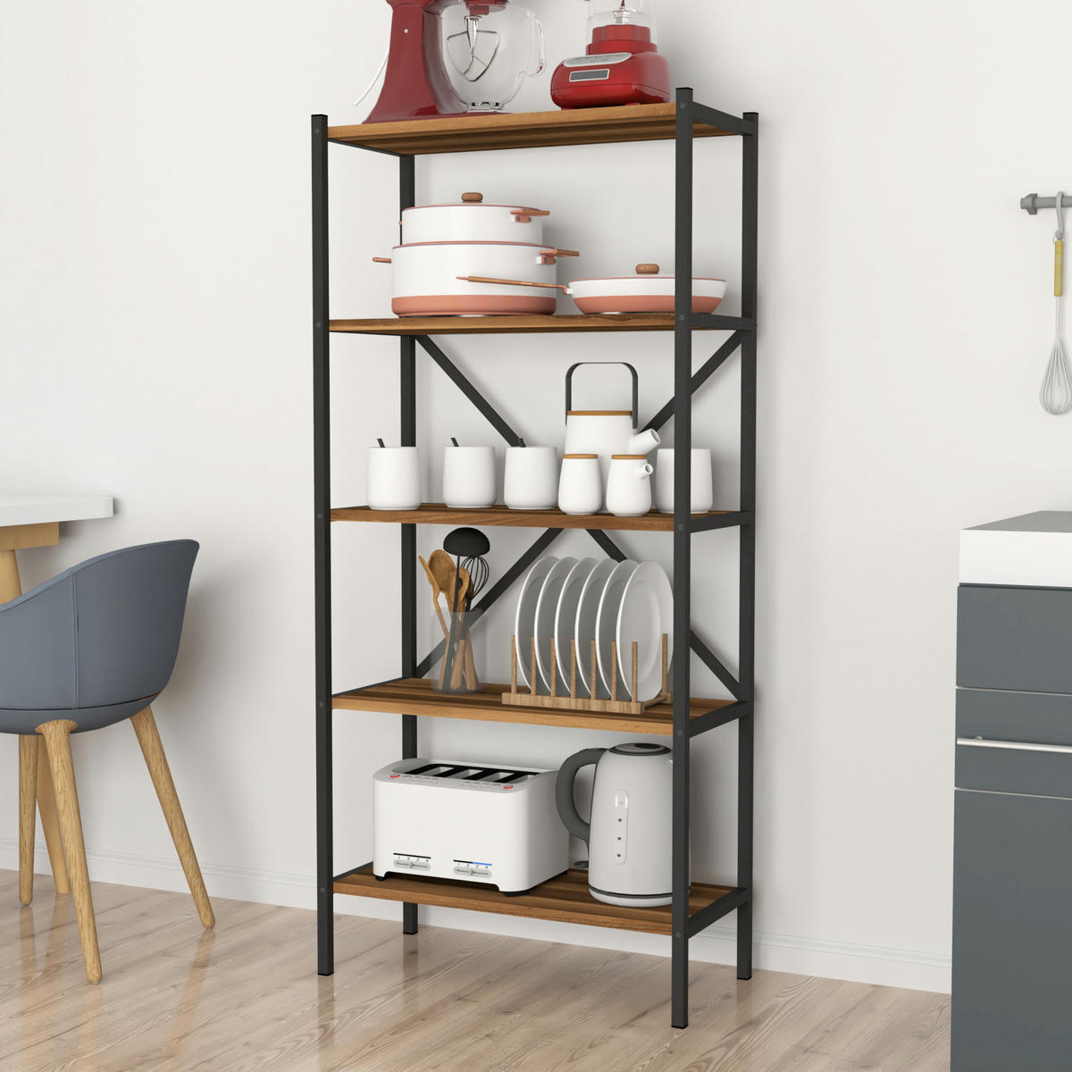 STANDREGAL Tomelilla - Anthrazit/Walnussfarben, Holzwerkstoff/Metall (66/160/34cm) - [en.casa]
