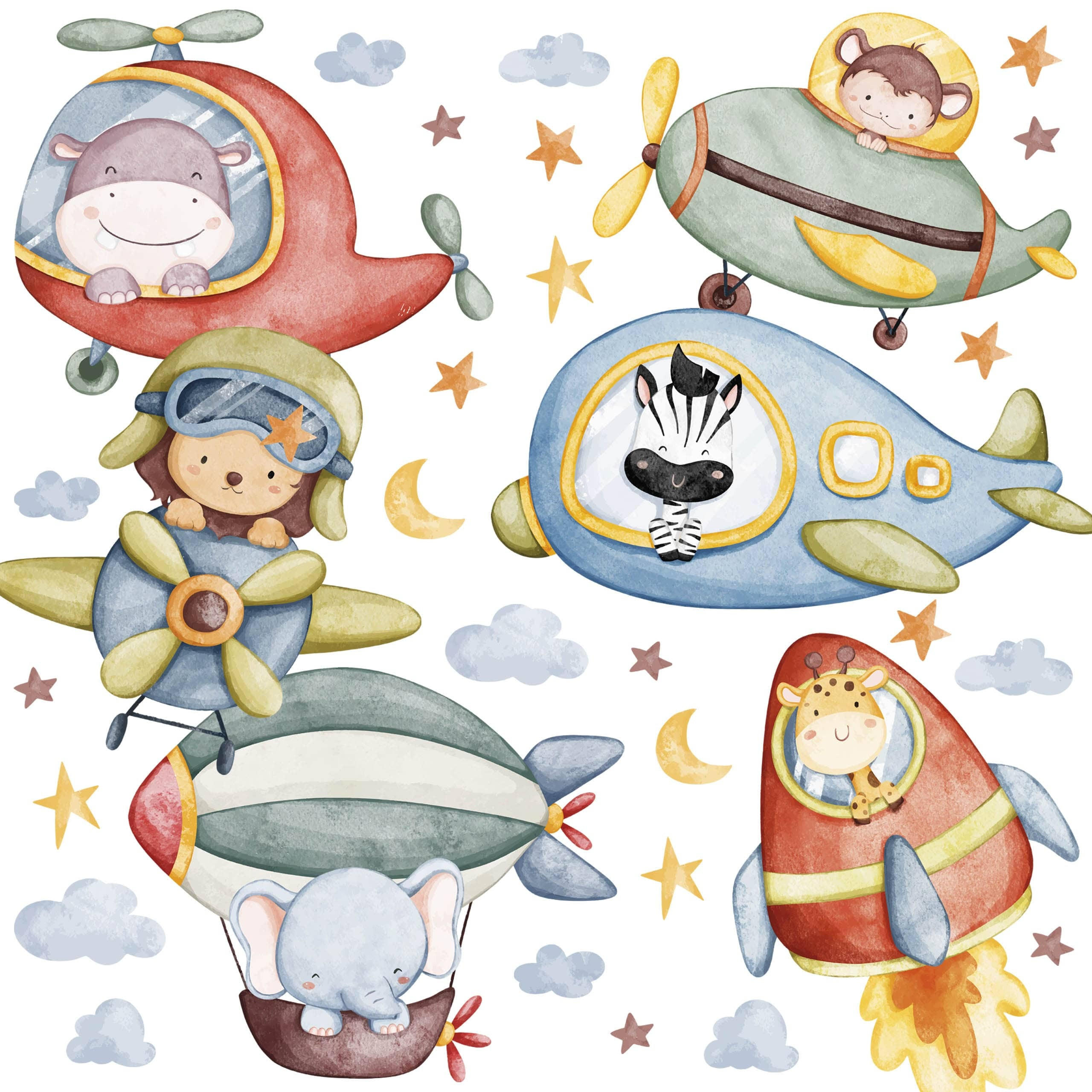 STICKER SET für Kinder Wilde Tiere Sterne Monde Wolken 60x30 - Gelb/Rot, Papier (60/30/1cm) - Muralo