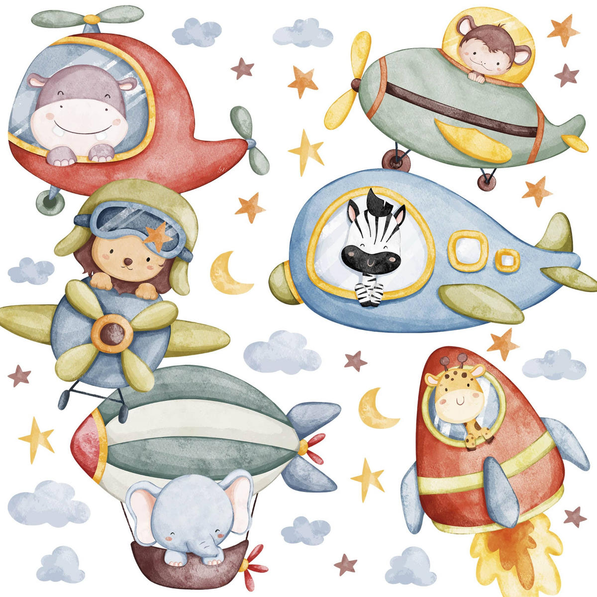 STICKER SET für Kinder Wilde Tiere Sterne Monde Wolken 60x30 - Gelb/Rot, Papier (60/30/1cm) - Muralo