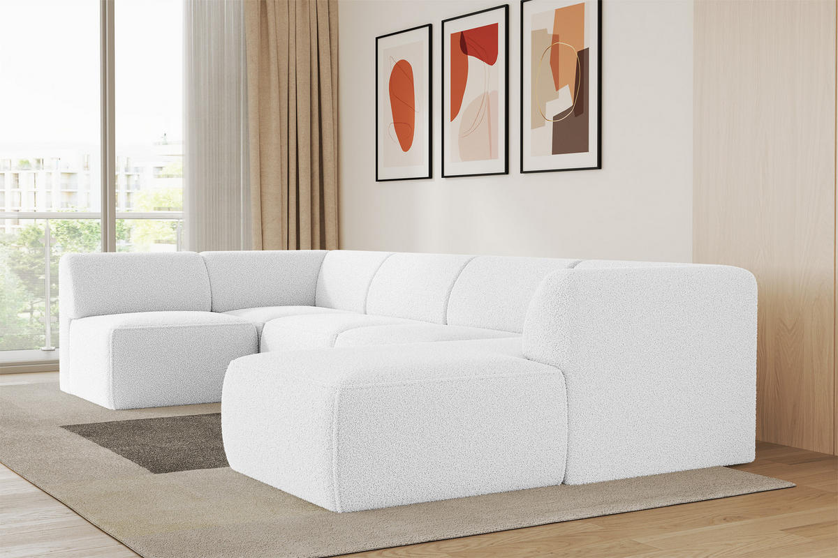 WOHNLANDSCHAFT Ottomane Rechts MOVO-L 345x180x78 cm Weiß Bouclé - Weiß, Holzwerkstoff/Kunststoff (180/78/345cm) - ALTDECOR