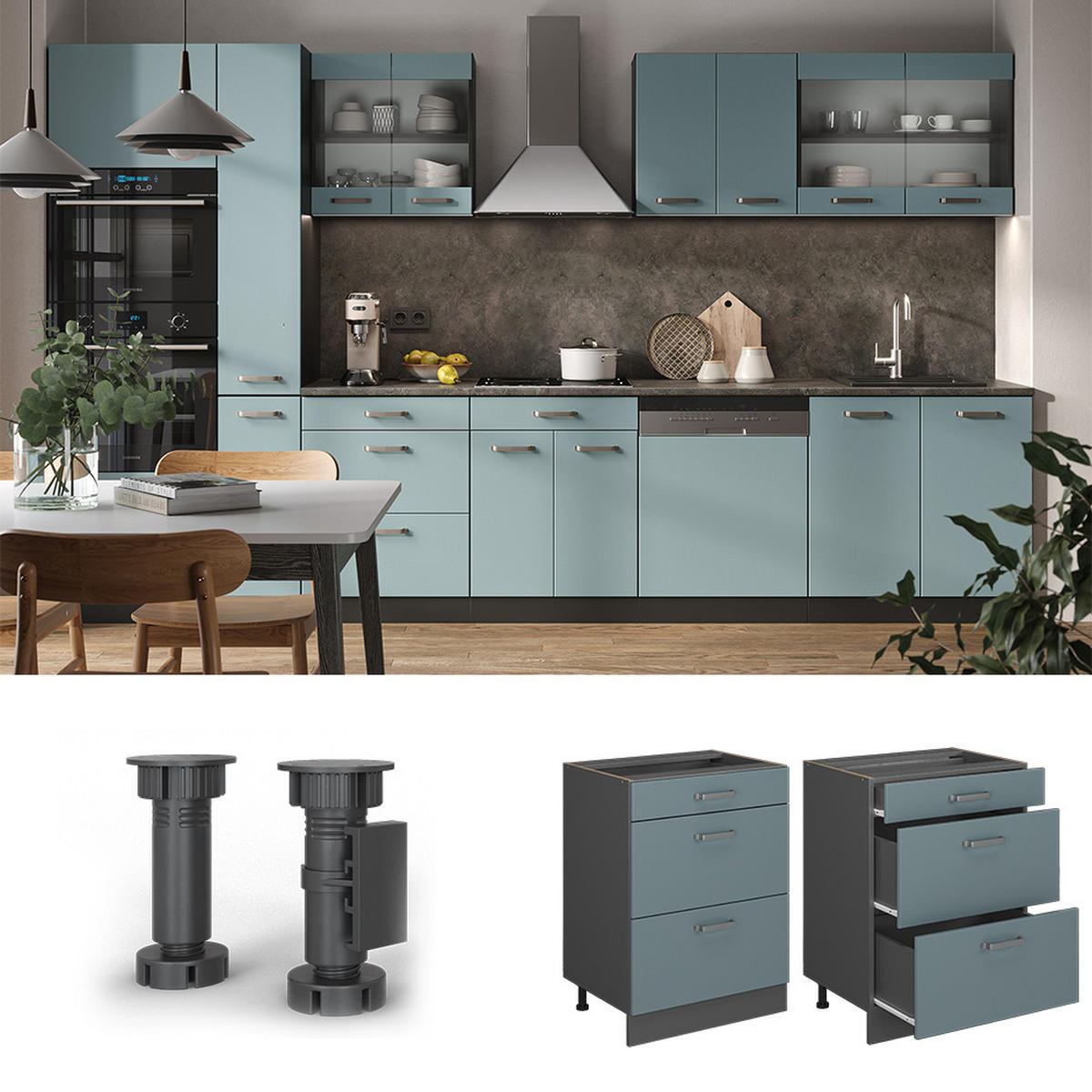 SCHUBLADENSCHRANK R-Line Blau-Grau 60 cm AP Marmor - Anthrazit/Blaugrau, Holzwerkstoff (60/81.6/60cm) - Vicco