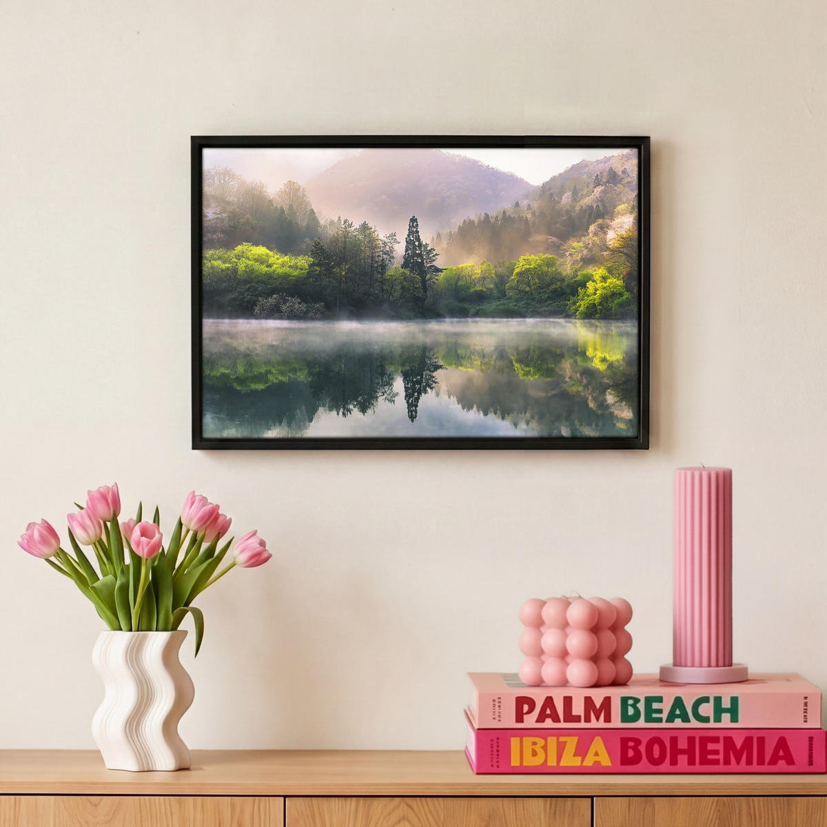 LEINWAND Bilder mit Rahmen - Natur - Bäume - Berge - See - Wasser - 30x20 - Hellgrün, Textil (30/20cm) - MuchoWow