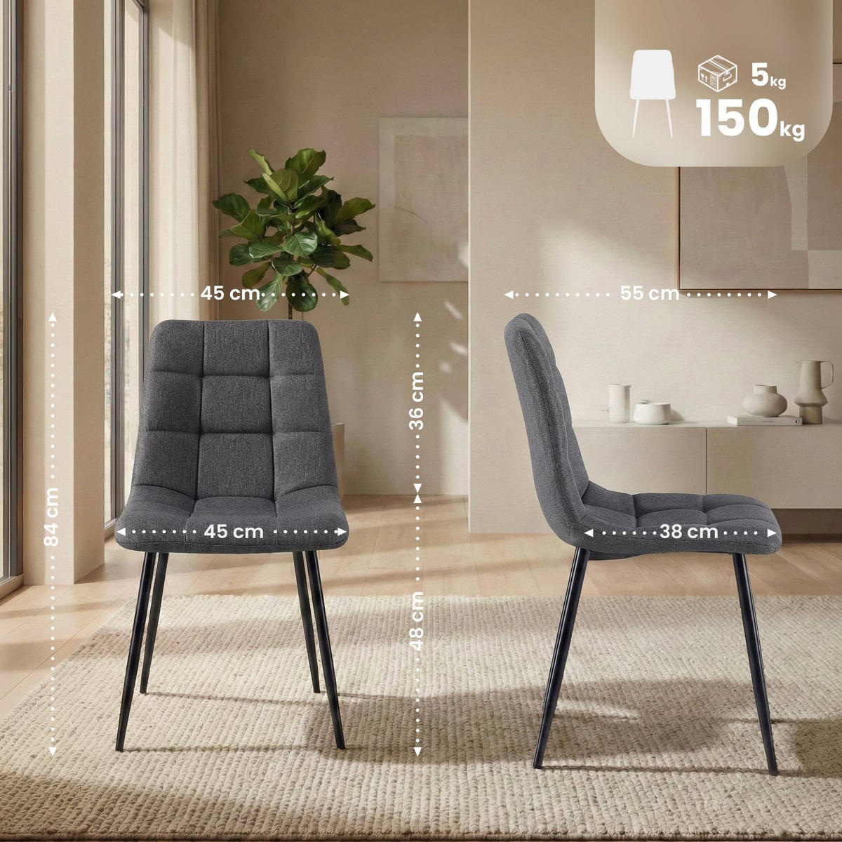 ESSZIMMERSTÜHLE Antibes 4er Set 84x45x55 cm dunkelgrau - Dunkelgrau, Textil (45/84/55cm) - furnicato