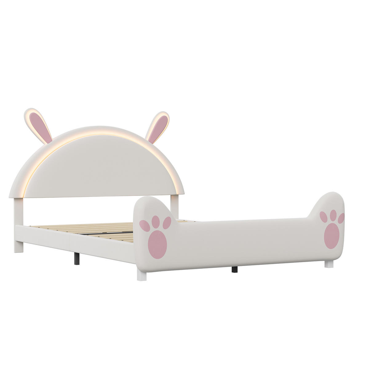 KINDERBETT 140/200 cm Samt Hase mit LED sicher weich - Rosa, Holz