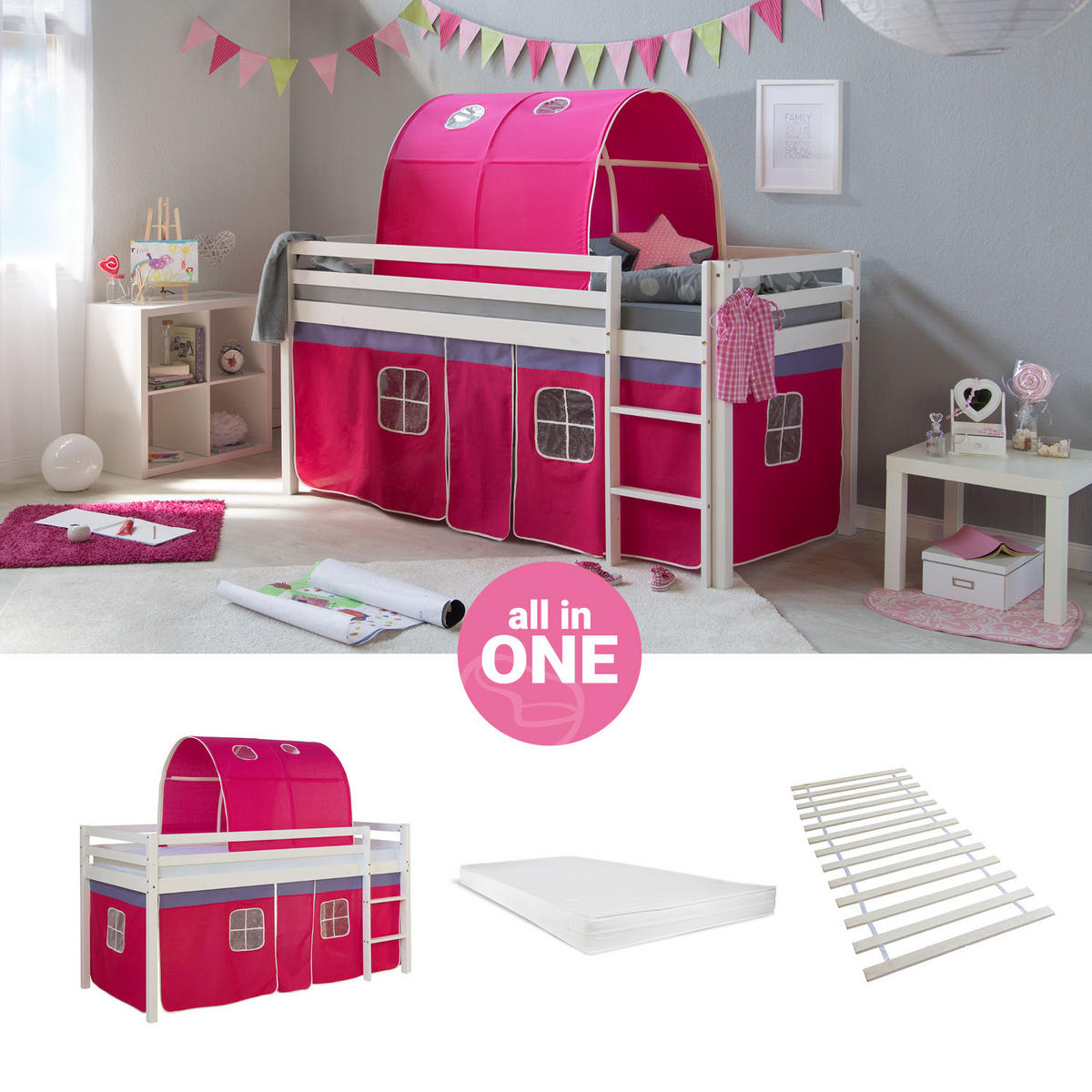 HOCHBETT mit Matratze 90/200 cm Pink - Pink/Weiß, Holz - Homestyle4u