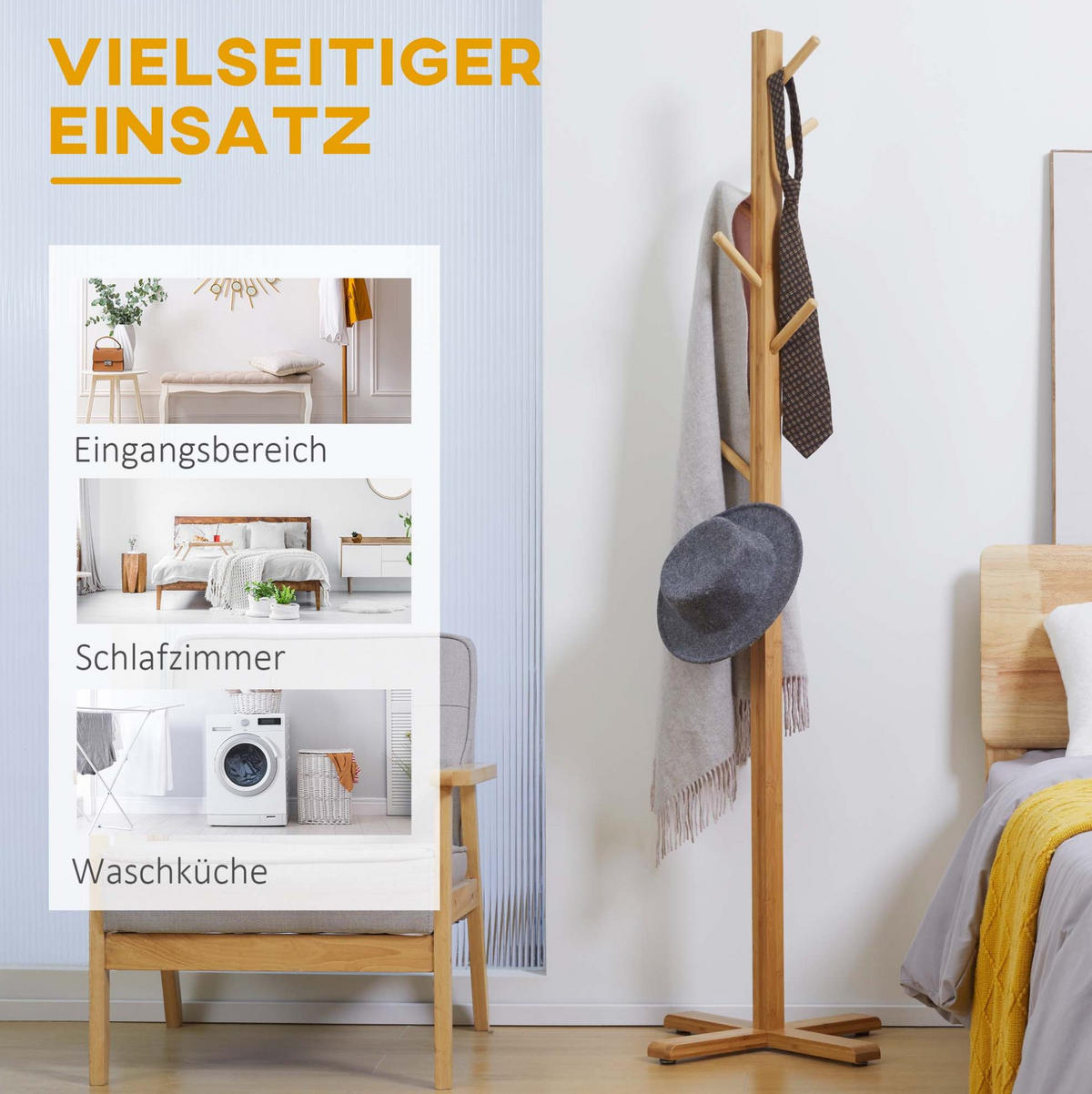 GARDEROBENSTÄNDER 49,5/49,5/178 cm mit 8 Haken und platzsparendem Design, Natur - Naturfarben, Naturmaterialien (49.5/178/49.5cm) - Redom