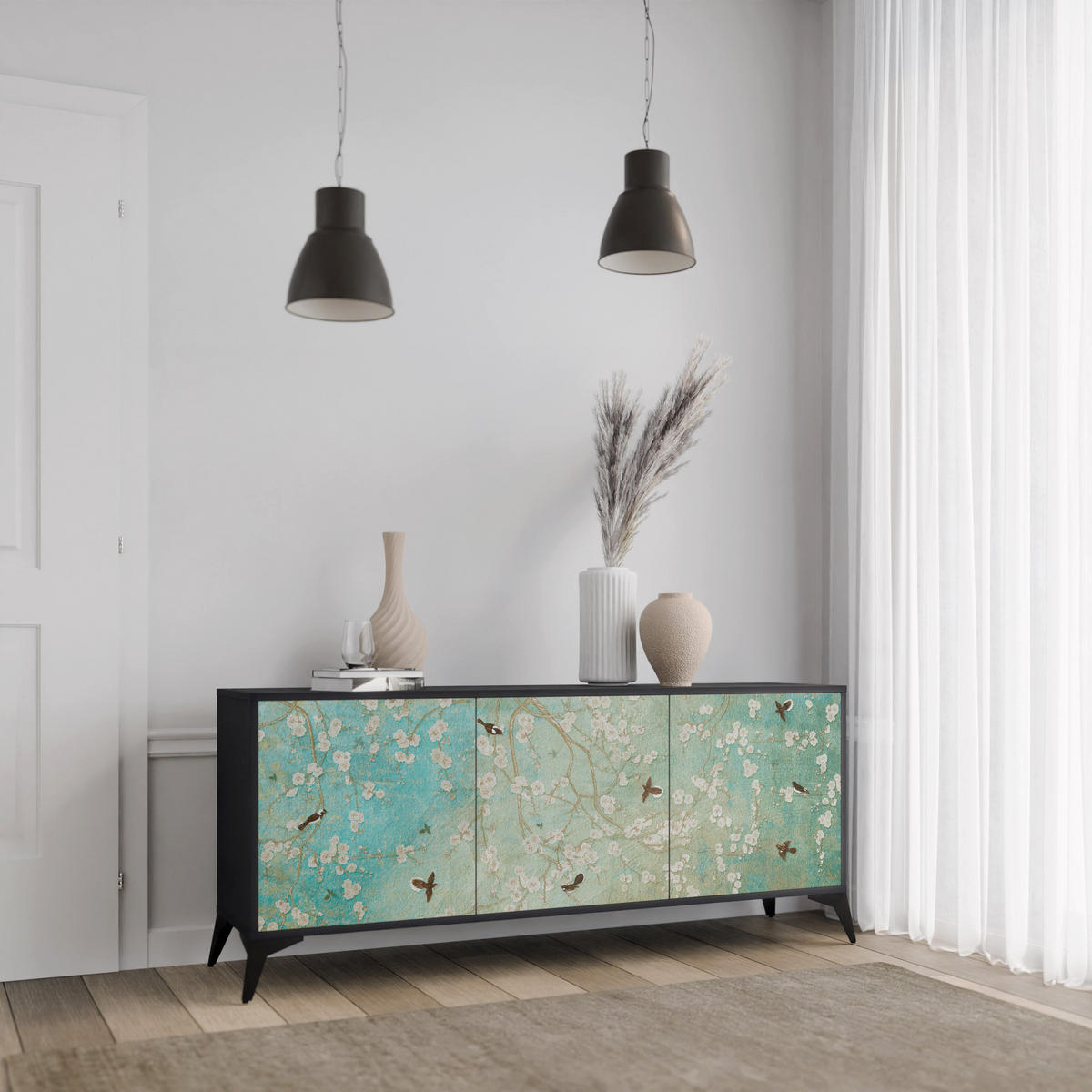 SIDEBOARD BLOOMING CHARM, Eicheneffekt, 164,5x42x77,5 cm, 3 Türen - Eichefarben/Buchefarben, Holzwerkstoff/Buchenholz (164.5/77.5/42cm) - SpaceRebels