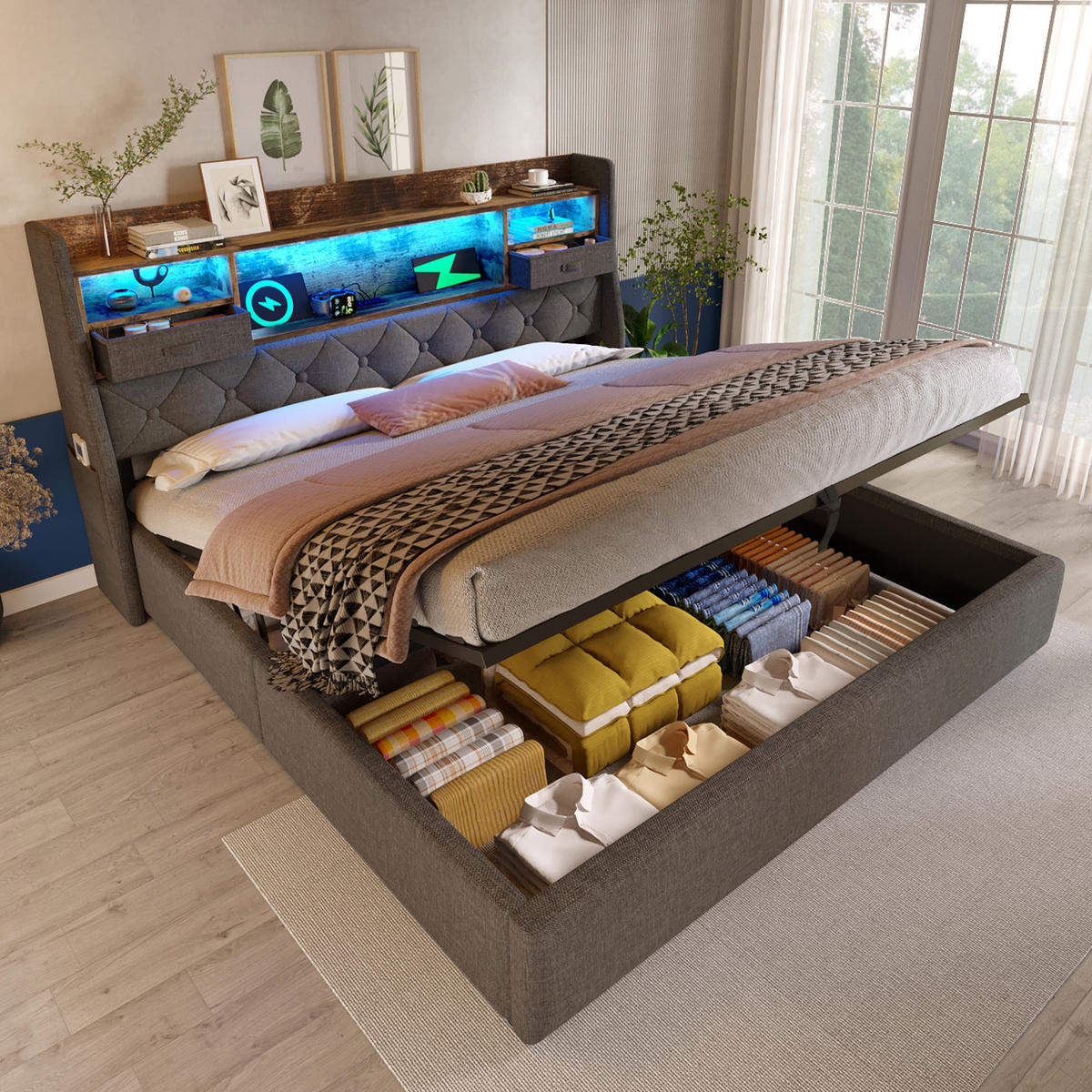 POLSTERBETT 140/200 cm Grau mit hydraulischem Stauraum und LED-Kopfteil mit Matratze - Grau, Textil (140/200cm) - OKWISH