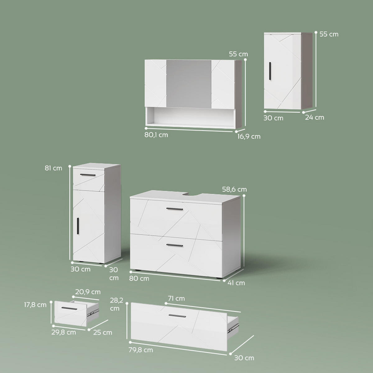 BADMÖBEL-SET Ronco Weiß Hochglanz 4 Teile - Weiß Hochglanz/Weiß, Holzwerkstoff (41/80/58cm) - Livinity®