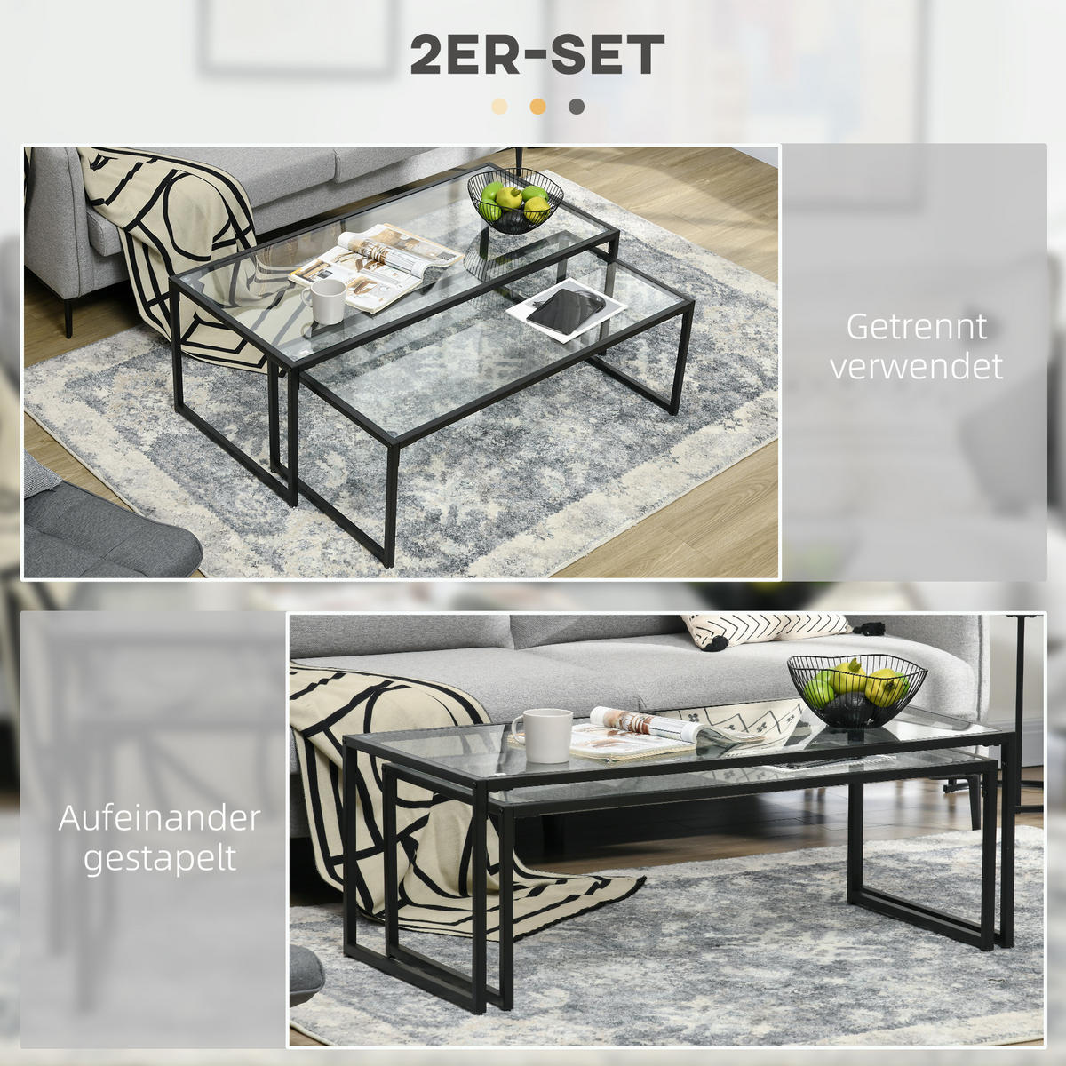 COUCHTISCH-SET, Glas, Stahl, Transparent - Transparent, Glas/Metall (119/56/44.5cm) - HOMCOM