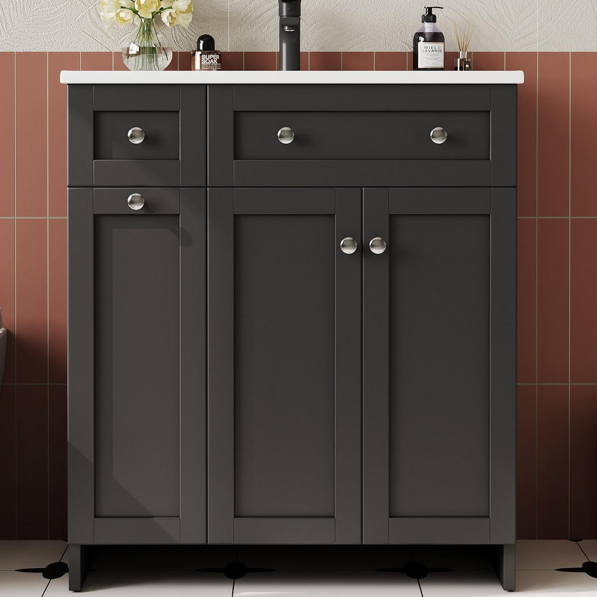 BADEZIMMERWASCHTISCH aus MDF und Keramik 76x47x86 cm Schwarz mit Stauraum und Soft-Close - Schwarz, Keramik (76/86/47cm) - Modfu