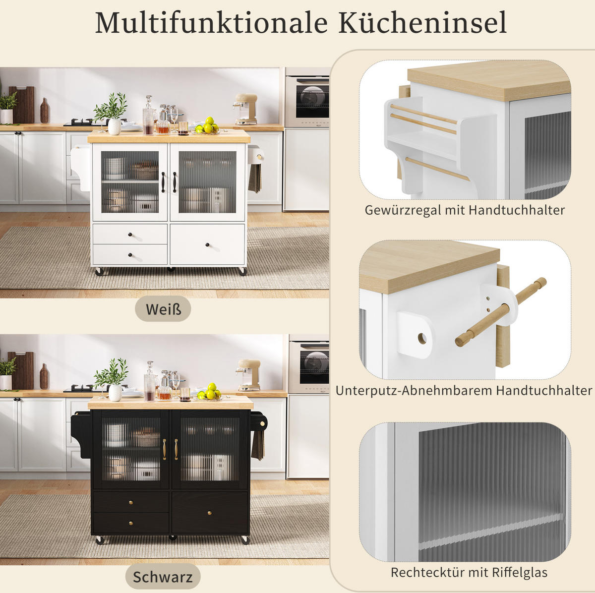 KÜCHENINSEL 100/42-70/91,5 cm mit ausklappbarer Arbeitsplatte, Rollen und Weinglashalter, Weiß/Natur - Weiß, Holzwerkstoff (100/91.5/70cm) - Redom