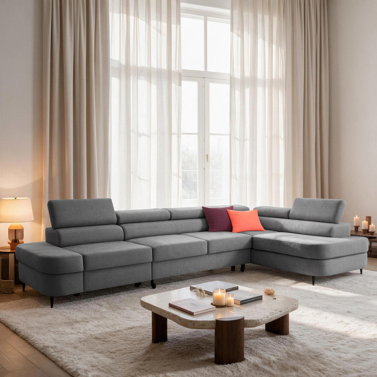 ECKSOFA PRIAM MAXI L-Form Rechts mit Schlaffunktion 125x195 Velours Grau - Schwarz/Grau, Holz/Textil (350/203cm) - Muffo