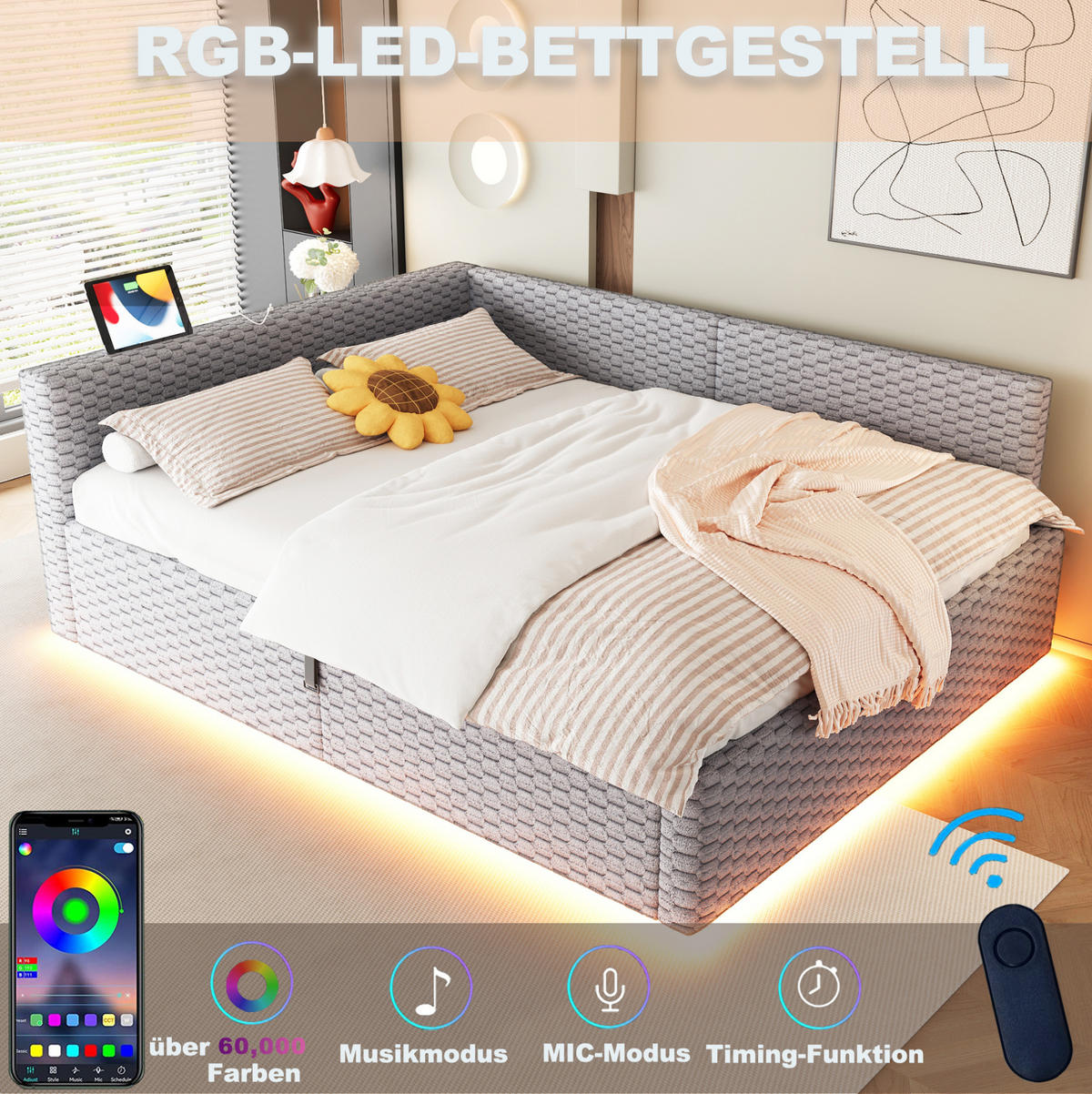 TAPECIRANI krevet 140/200 cm s LED osvjetljenjem, USB i Type-C priključkom te hidrauličnim spremištem, Siva - siva, tekstil (140/200cm) - Redom
