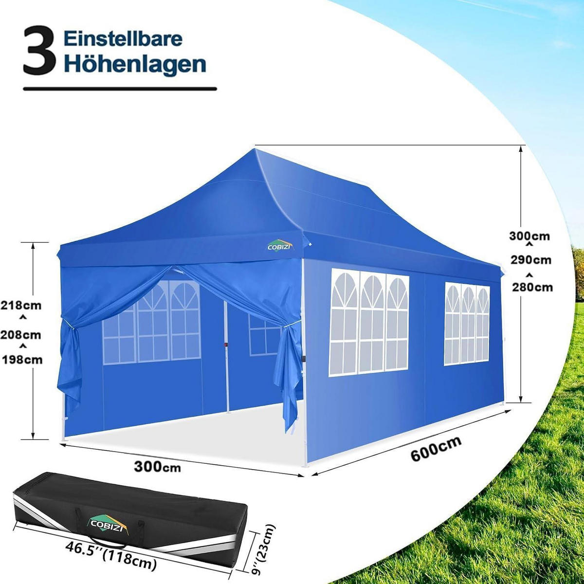 FALTPAVILLON 3 x 6 m Blau Wasserdicht UV-Schutz - Blau, Textil (300/300/600cm)