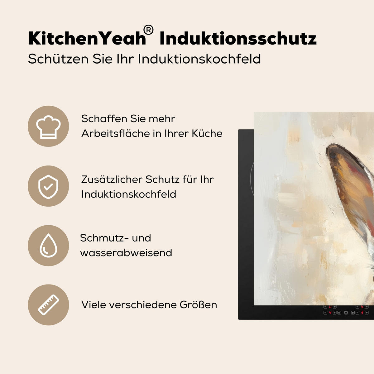 HERDABDECKPLATTE Hase - Ohren - Braun Induktionsschutz 81.6x52.7 cm - Beige, Kunststoff (81.6/52.7/0.2cm) - MuchoWow