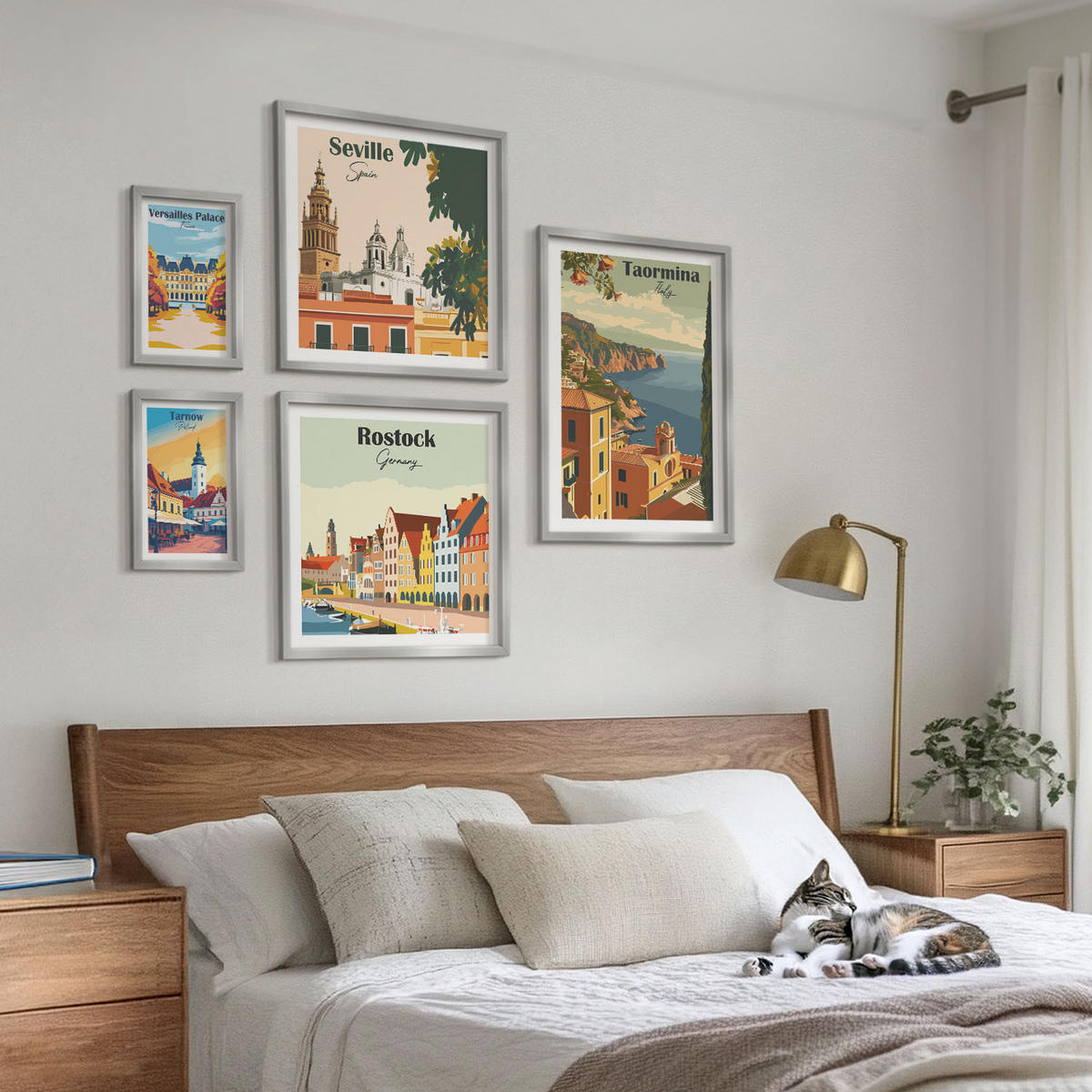 BILDER SET 5er Set - 50x50 cm & 20x30 cm & 40x60 cm Silberner Rahmen - Retro-Stadtgrafiken - Silberfarben, Kunststoff (40/60cm) - TULUP