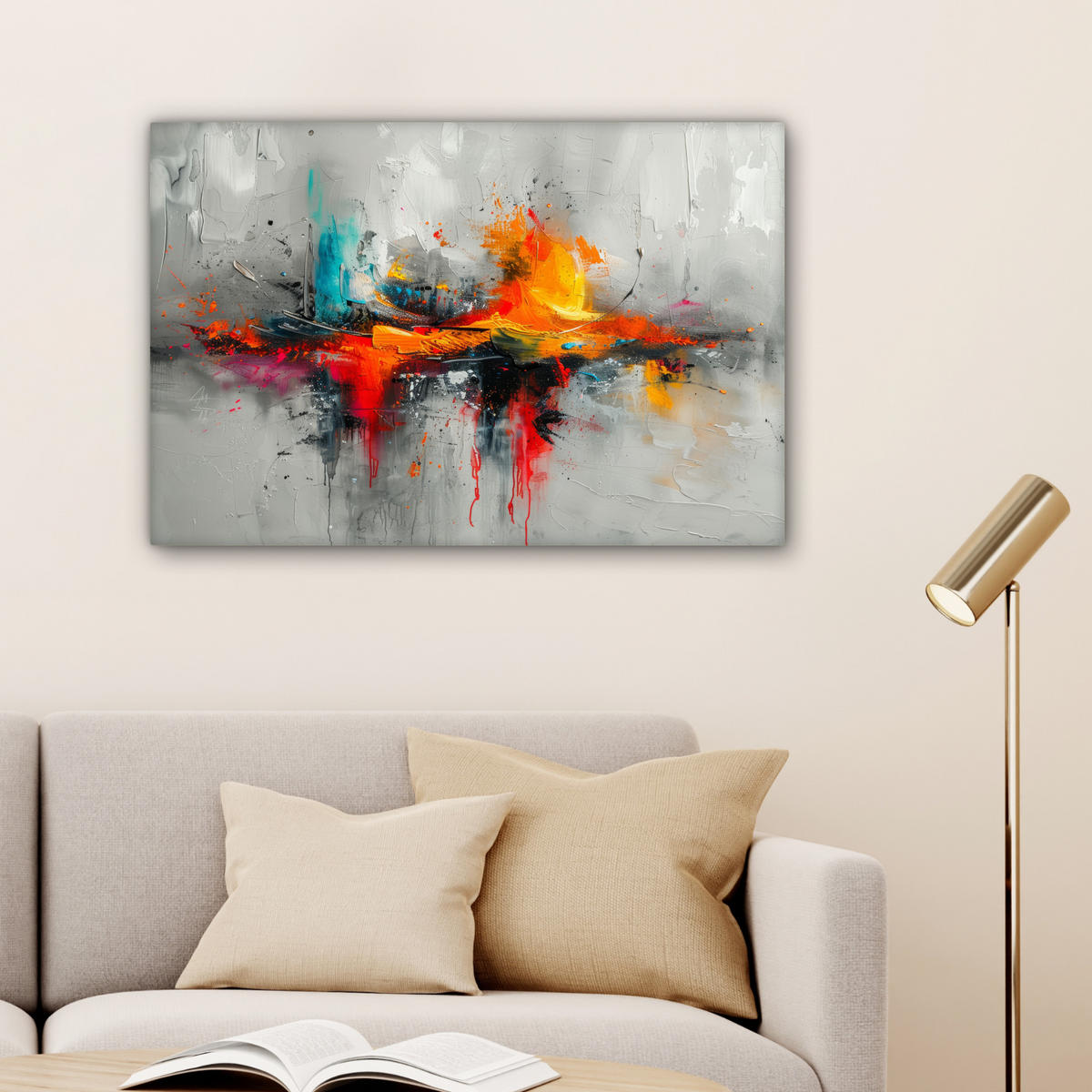 LEINWANDBILD Moderne Kunst - Orange - Grau - Abstrakt Gemälde 60x40 cm - Hellgrau, Textil (60/40cm) - MuchoWow