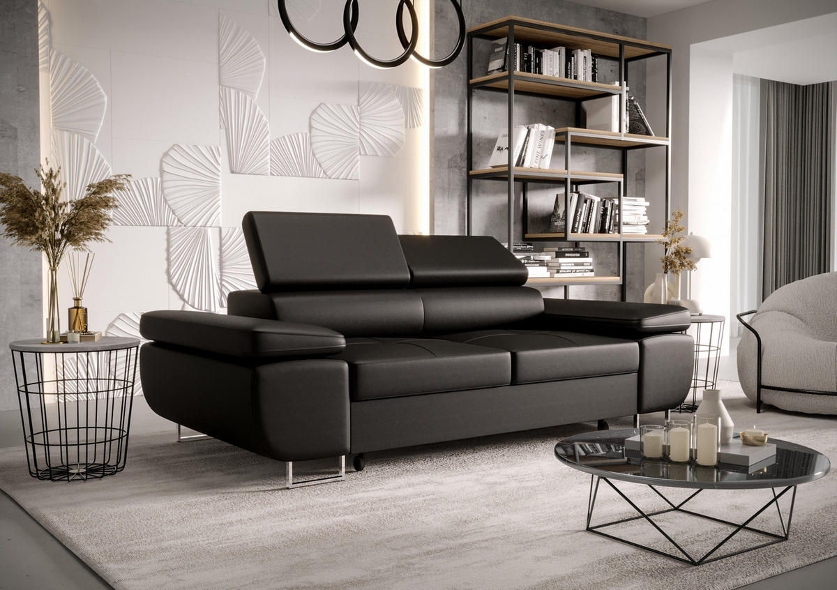 SCHLAFSOFA PRAGA 2, Sofa mit Schlaffunktion, Farbe: Schwarz, Kunstleder - Schwarz, Textil (208/90/100cm) - O-Sofa