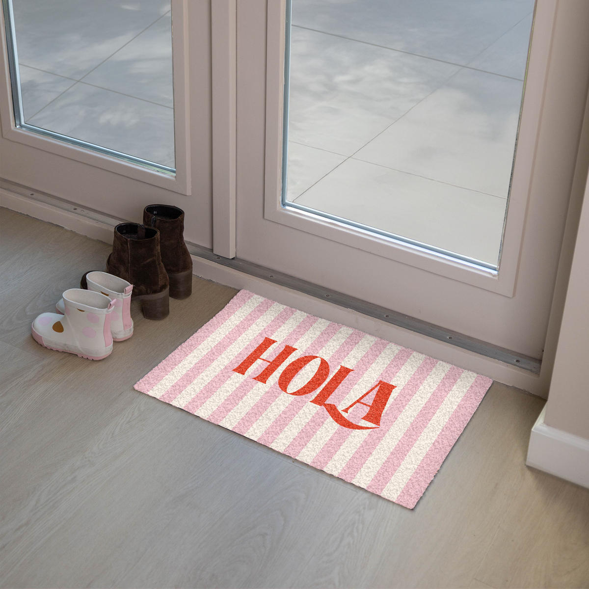 FUSSMATTE Hola - Zitat - Streifen - Pastell - Rosa - Rot - Weiß 60x40 cm - Rosa, Kunststoff (60/0.4cm) - MuchoWow