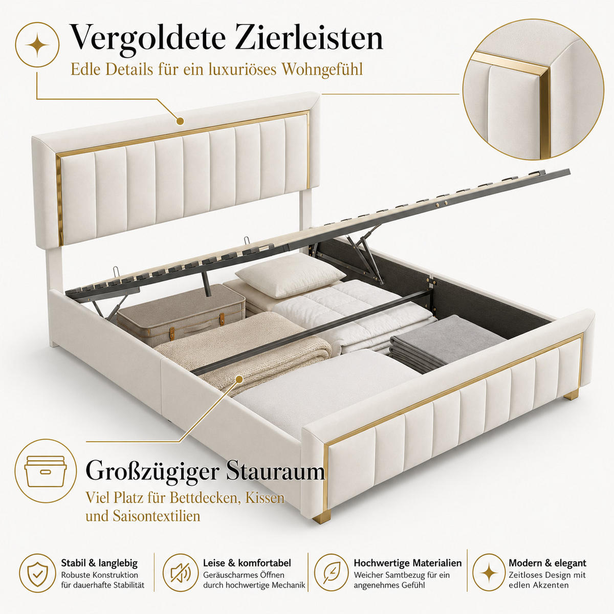 POLSTERBETT 180/200 Creme mit Stauraum, vergoldeter Zierleiste, höhenverstellbares Kopfteil & Gasdruckfeder - Creme, Holz/Metall (180/200cm) - Joyfair