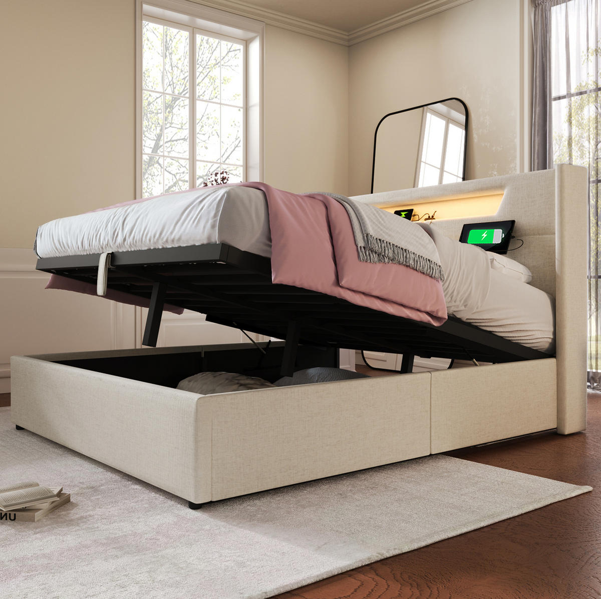 POLSTERBETT mit LED, USB und Stauraum 140x200 cm Beige inkl. Matratze - Beige, Metall (140/200cm) - Meubliv