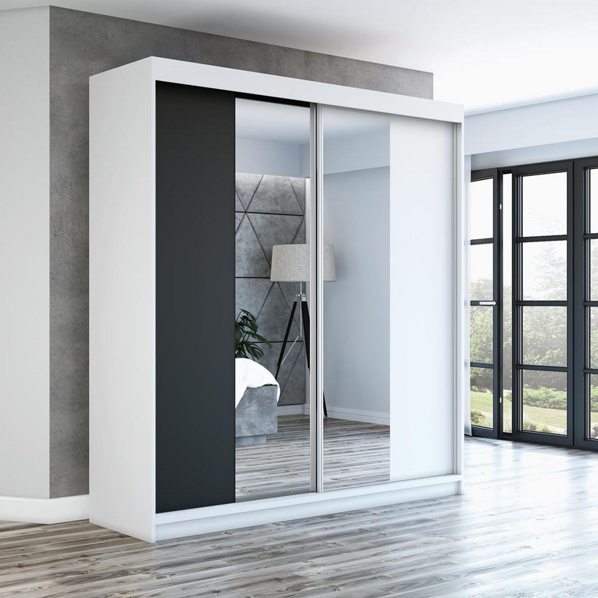 SCHWEBETÜRENSCHRANK 160 CM NEO Farbe: Weiß / schwarz / weiß - Schwarz/Weiß, Holzwerkstoff (160/215/59.5cm) - A&J MöbelLand