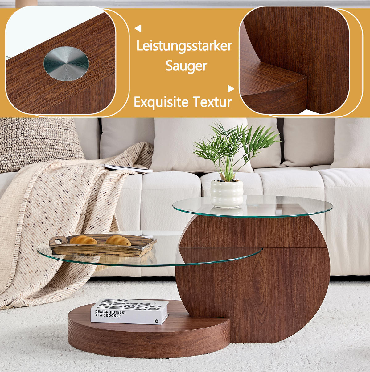 COUCHTISCH mit Glas aus MDF in Walnussoptik mit 2 Ebenen und Sicherheitsglas,70/70/44 cm - Walnussfarben, Holzwerkstoff (70/70/44cm) - Flora Grace