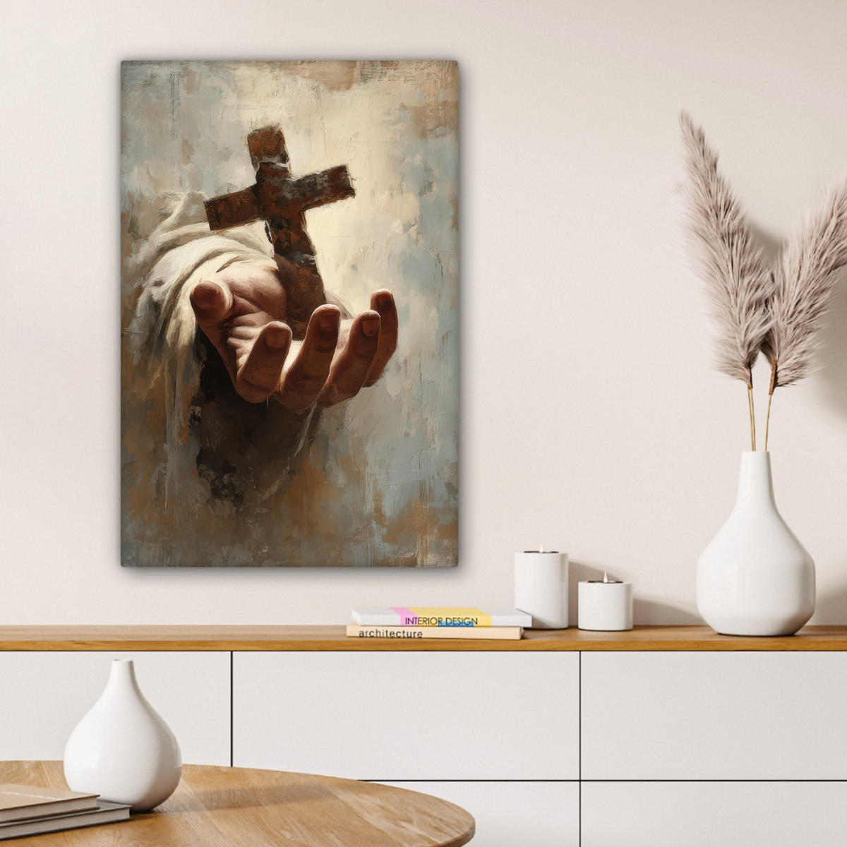 LEINWANDBILD Abstrakt - Kreuz - Hand - Christentum Wanddeko Schlafzimmer 60x90 cm - Hellbraun, Textil (60/90cm) - MuchoWow