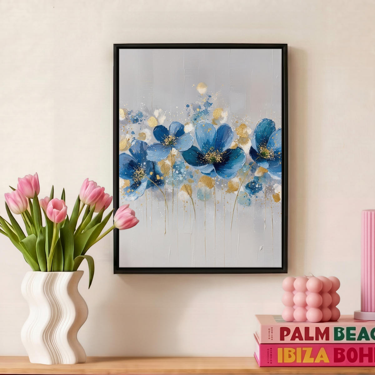 LEINWAND Bilder mit Rahmen - Blumen - Blau - Abstrakt - 30x40 - Hellgrau, Textil (30/40cm) - MuchoWow